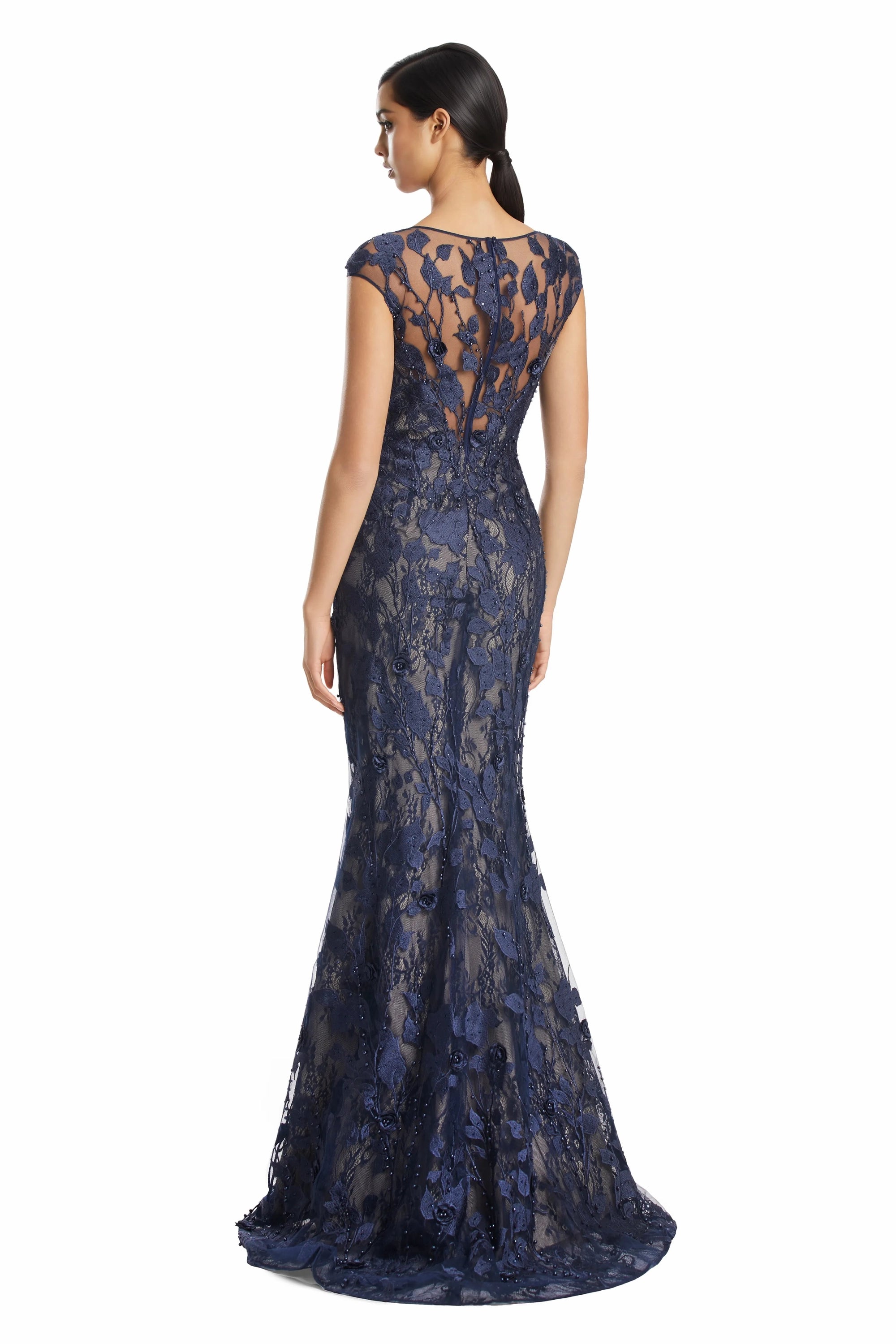 Illusion Cap Sleeve Long Embroidered Gown by Alexander by Daymor 3219S26 in Navy