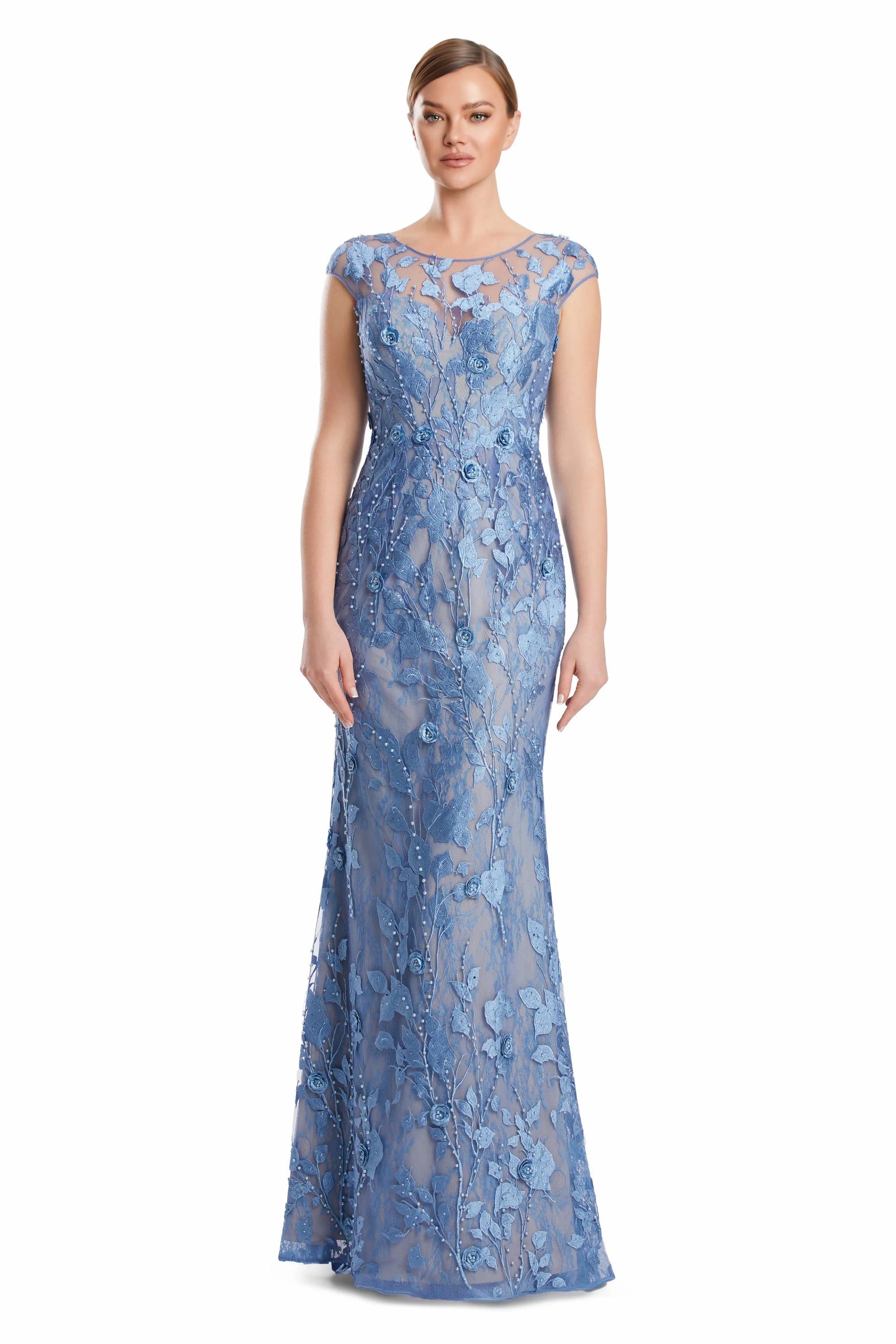 Illusion Cap Sleeve Long Embroidered Gown by Alexander by Daymor 3219S26 in Belair Blue