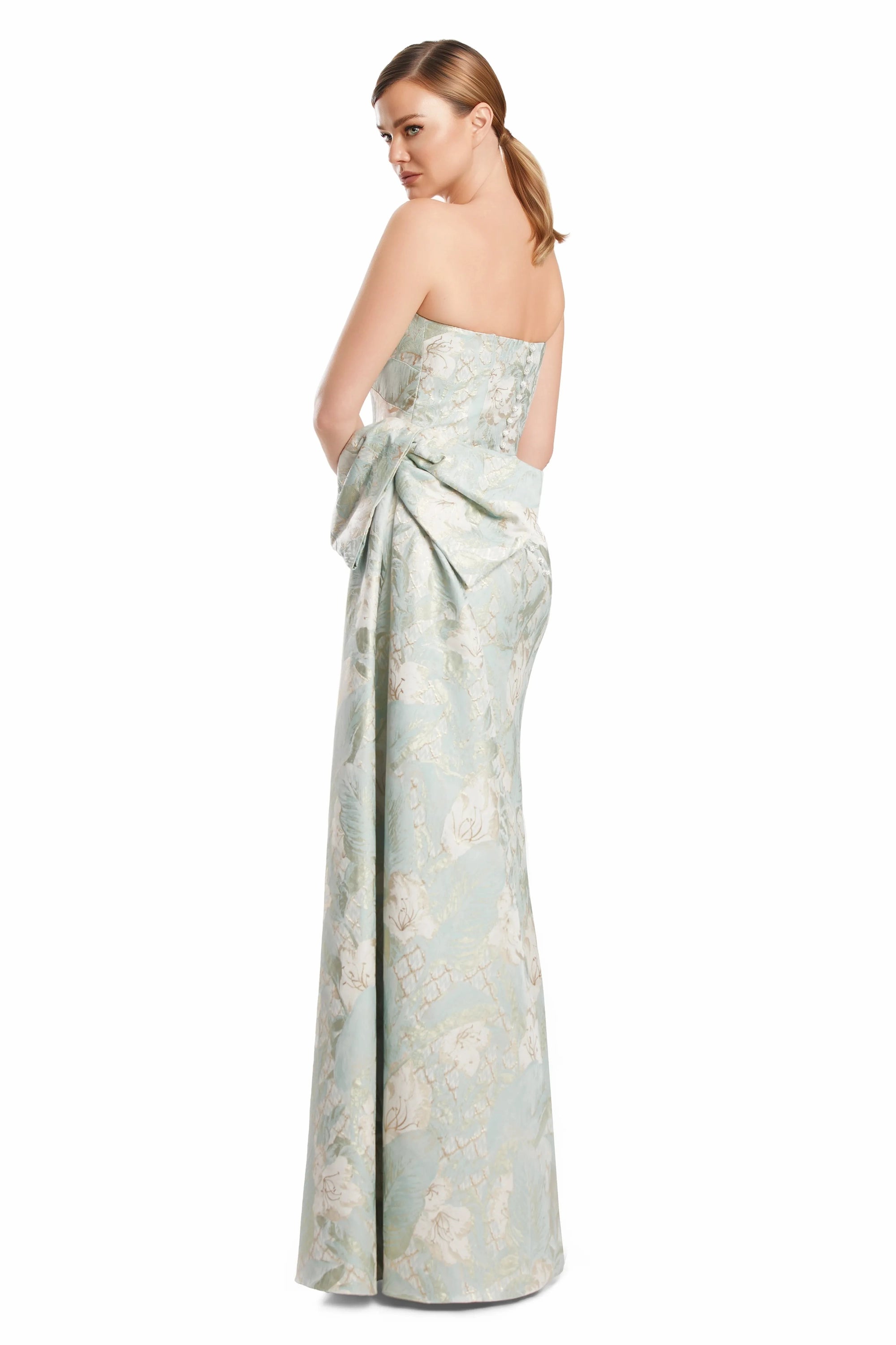 Off-Shoulder Floor-Length Brocade Evening Gown by Alexander by Daymor 3221S26 in Soft Mint/Multi