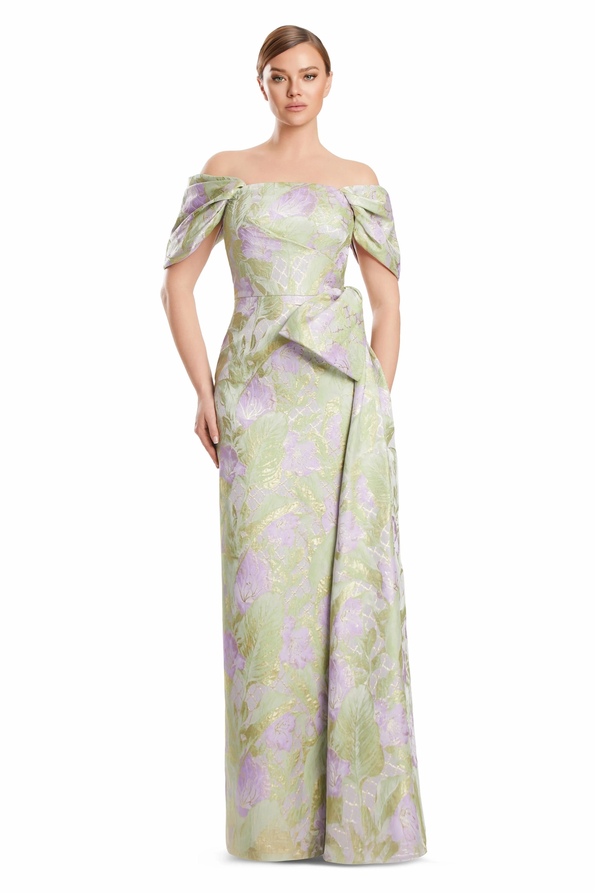 Off-Shoulder Floor-Length Brocade Evening Gown by Alexander by Daymor 3221S26 in Meadow Dew/Multi