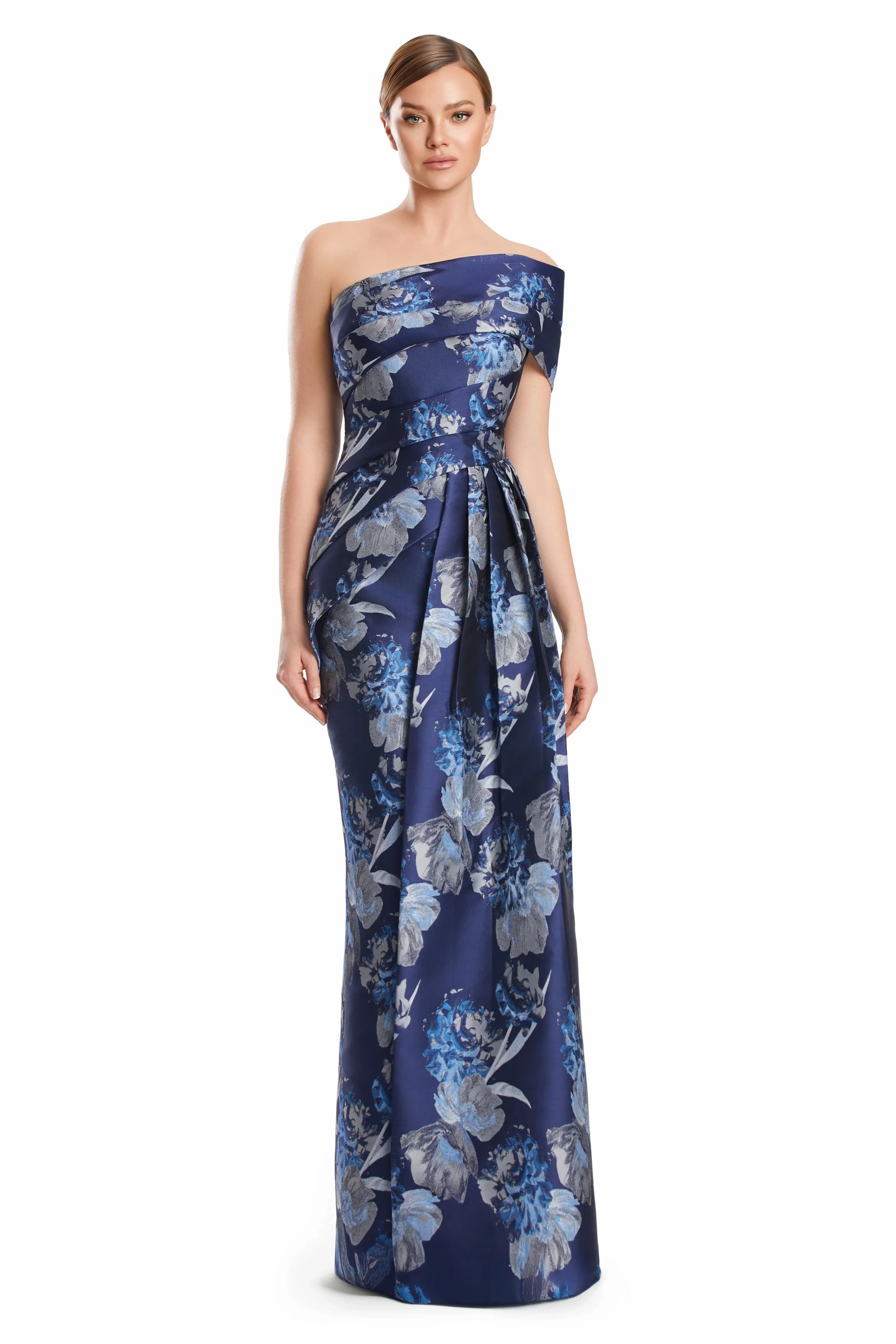 One-Shoulder Long Floral Jacquard Gown by Alexander by Daymor 3223S26 in Navy/Multi
