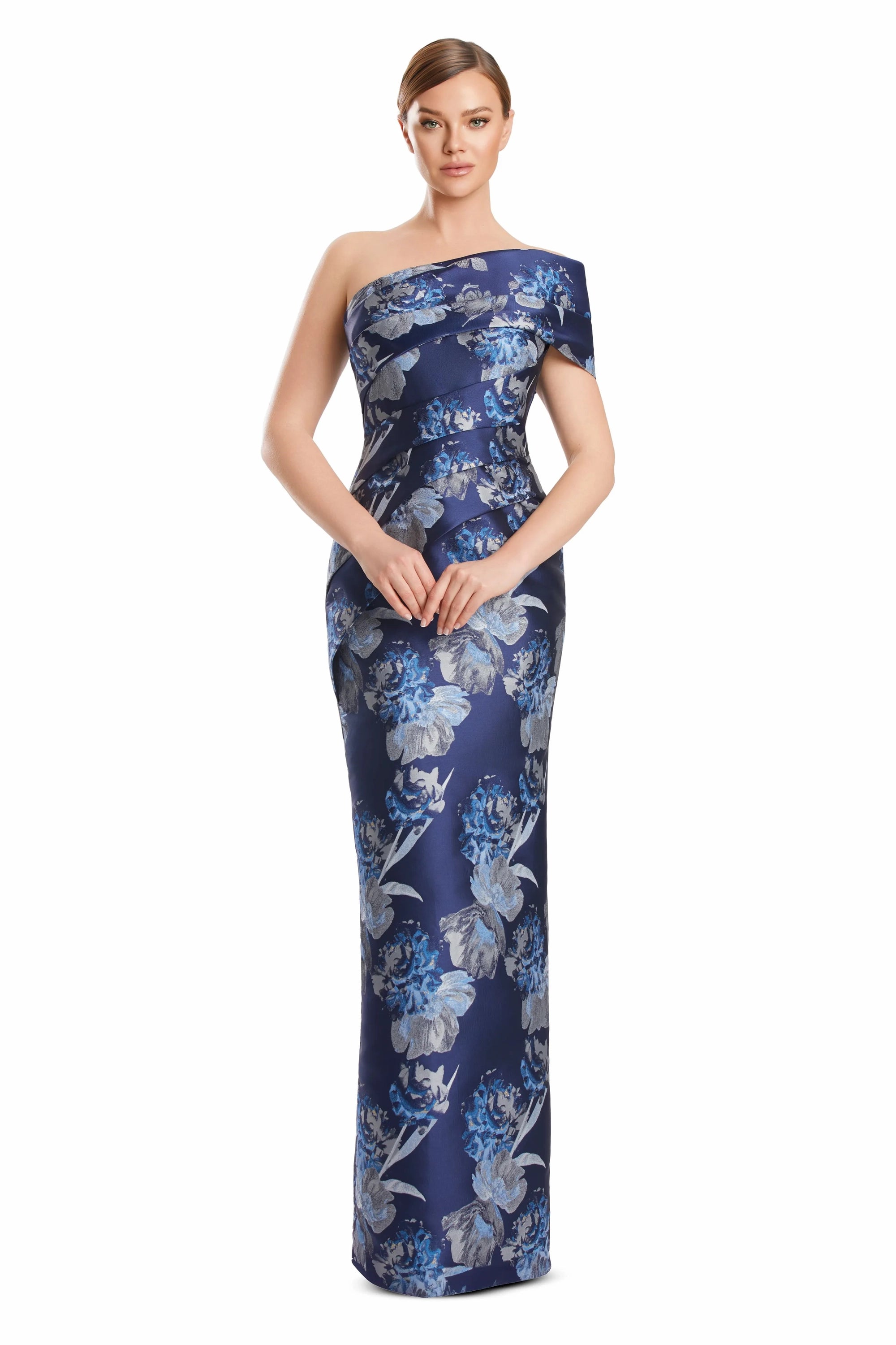 One-Shoulder Long Floral Jacquard Gown by Alexander by Daymor 3223S26 in Navy/Multi