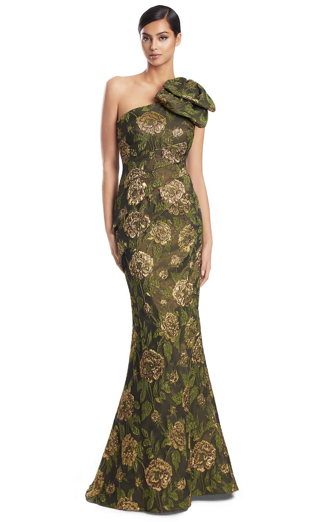 One-Shoulder Long Floral Brocade Gown by Alexander by Daymor 3233S26 in Olive/Gold