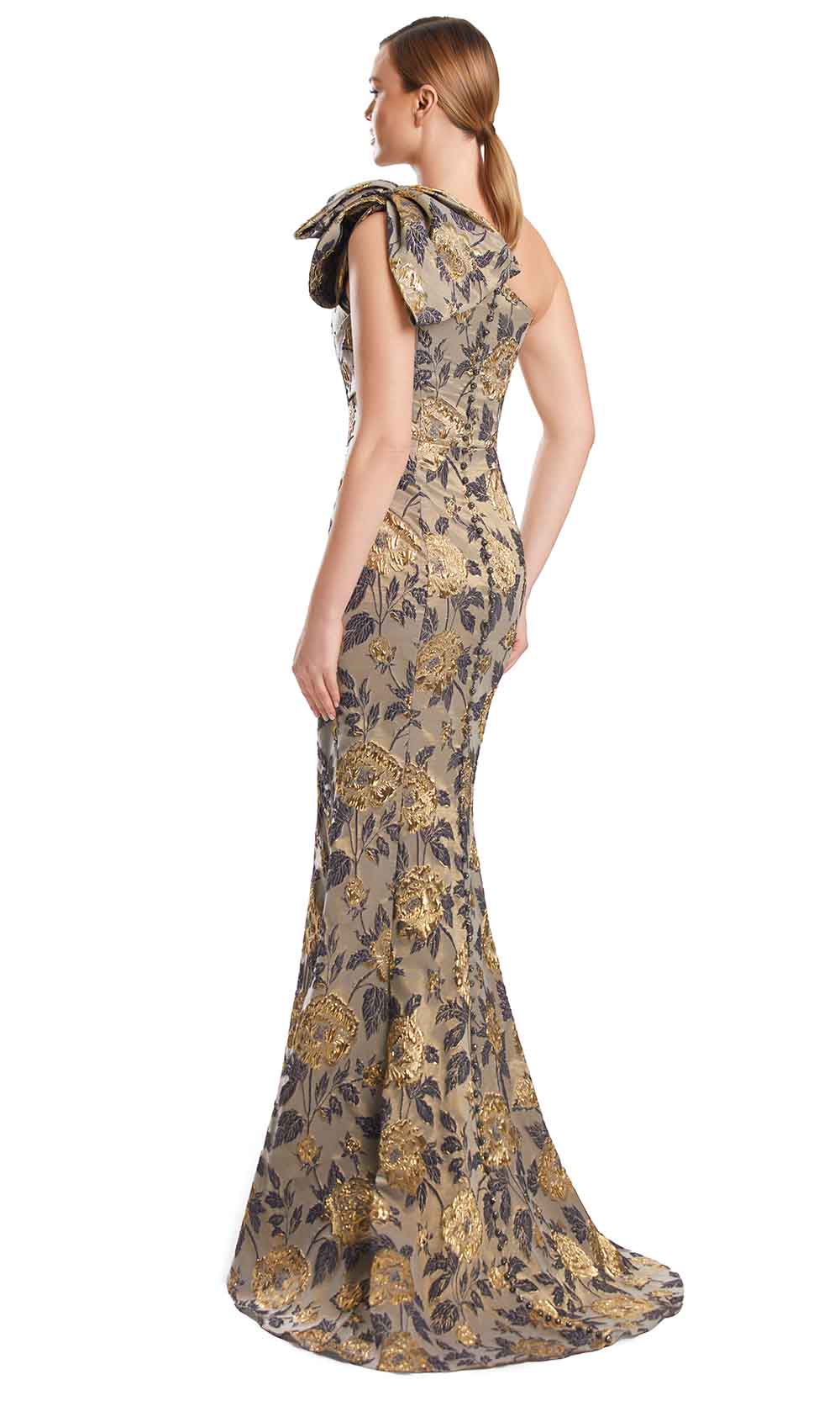 One-Shoulder Long Floral Brocade Gown by Alexander by Daymor 3233S26 in Taupe/Gold