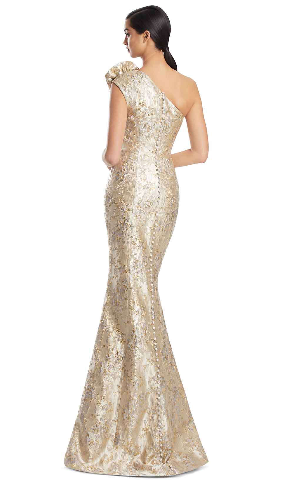 One-Shoulder Long Brocade Evening Gown by Alexander by Daymor 3236S26 in Ice/Gold