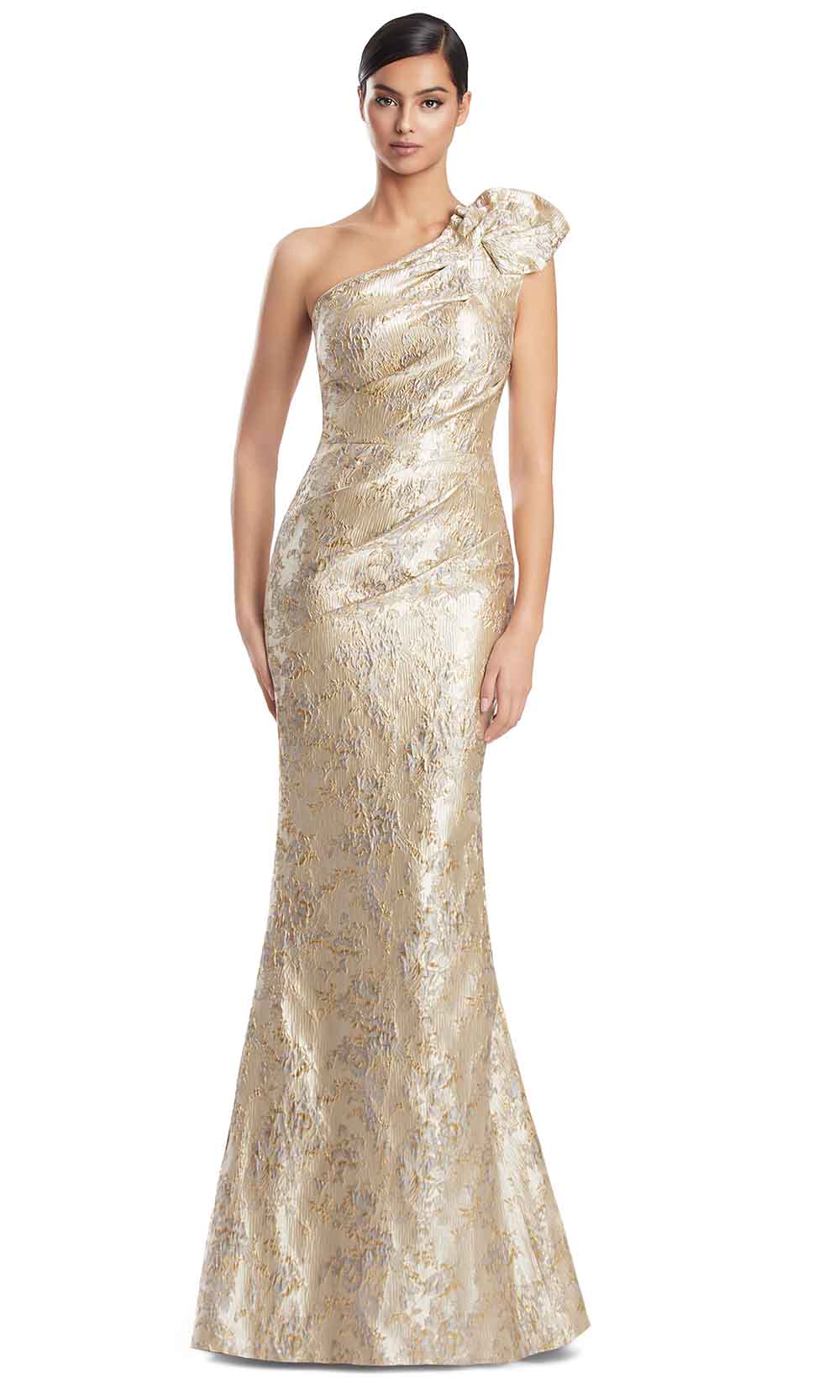 One-Shoulder Long Brocade Evening Gown by Alexander by Daymor 3236S26 in Ice/Gold