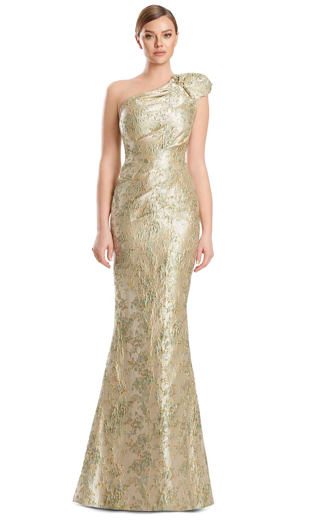 One-Shoulder Long Brocade Evening Gown by Alexander by Daymor 3236S26 in Sage/Gold
