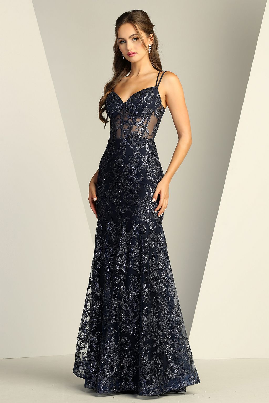 Prom Dresses Long Lace Formal Fitted Evening Prom Dress Navy