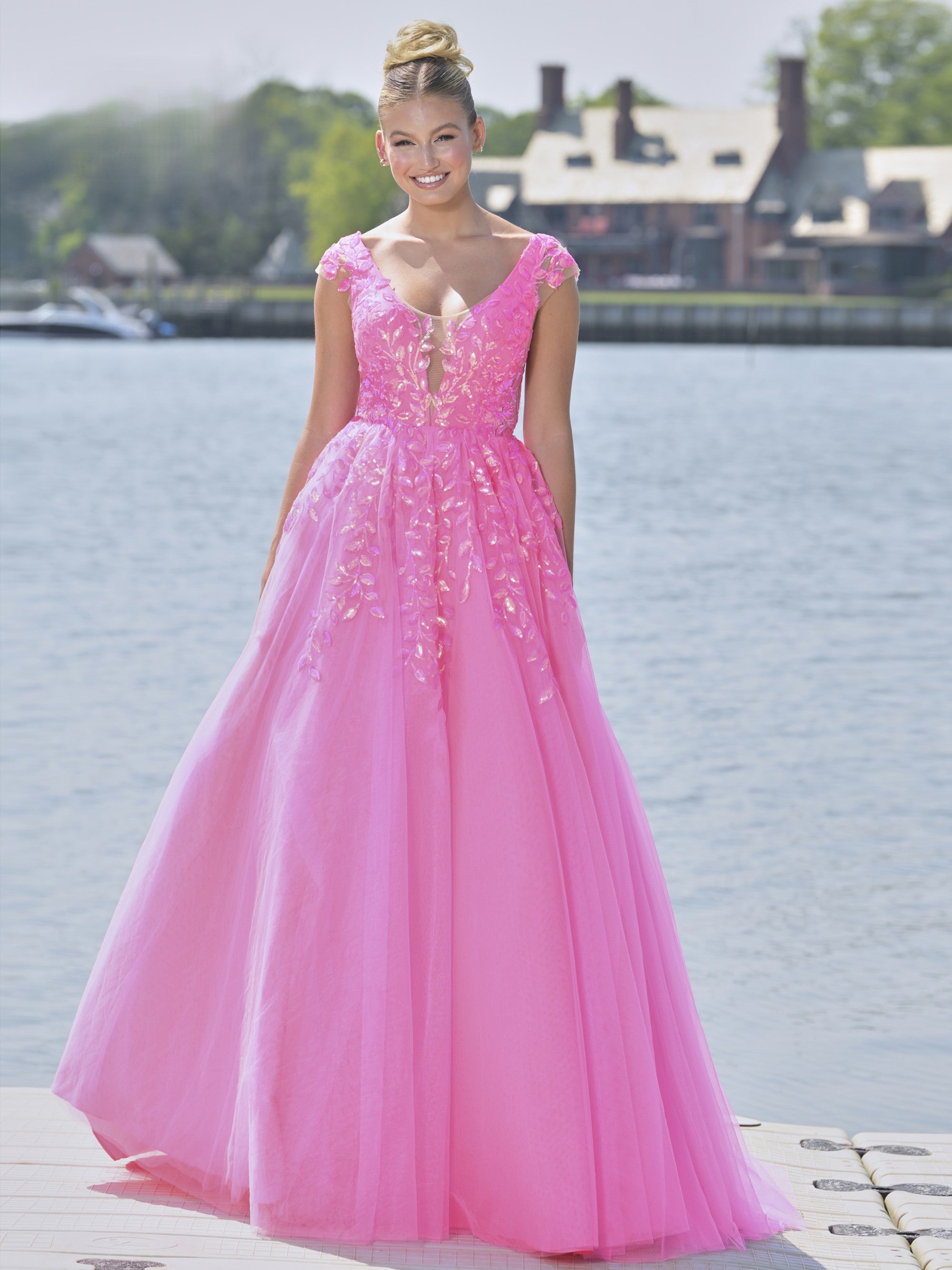 Prom Dresses Long Cap Sleeve Prom Ball Gown Hot Pink