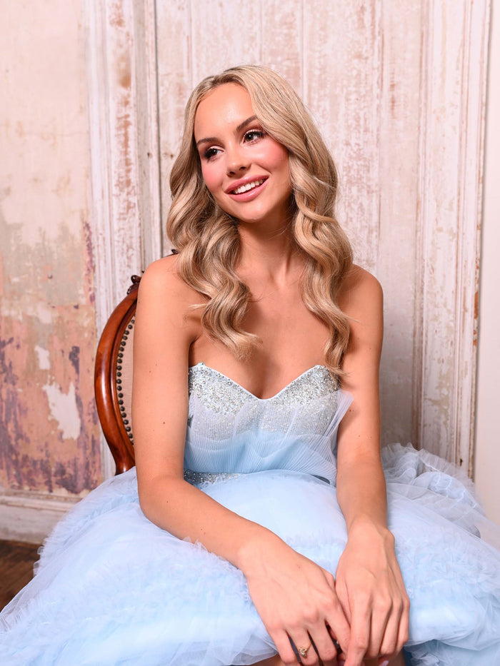 Prom Dresses Prom Long Strapless Tiered Ball Gown Light Blue