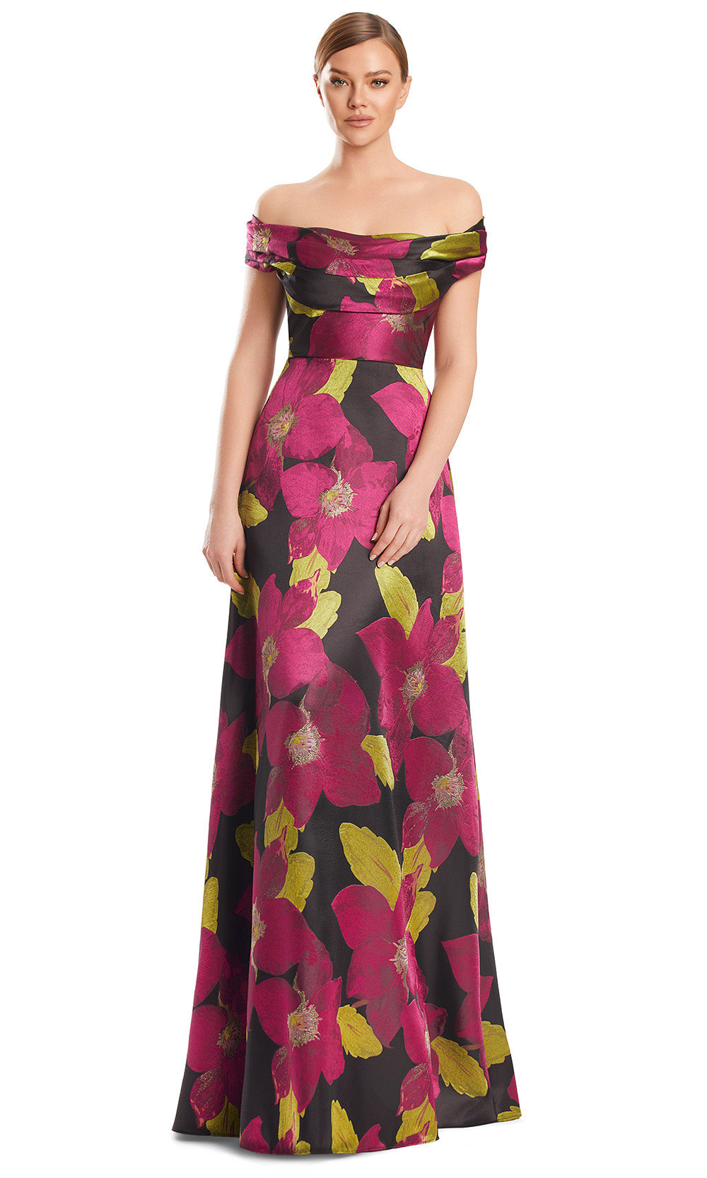 Off-Shoulder Floor-Length Floral Jacquard Gown by Alexander by Daymor 3247S26 in Magenta/Multi