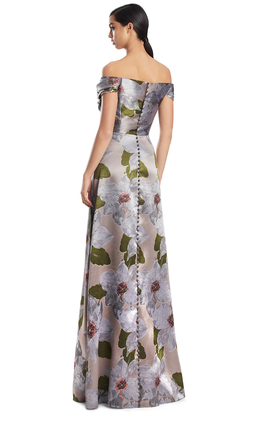 Off-Shoulder Floor-Length Floral Jacquard Gown by Alexander by Daymor 3247S26 in Nickel/Multi