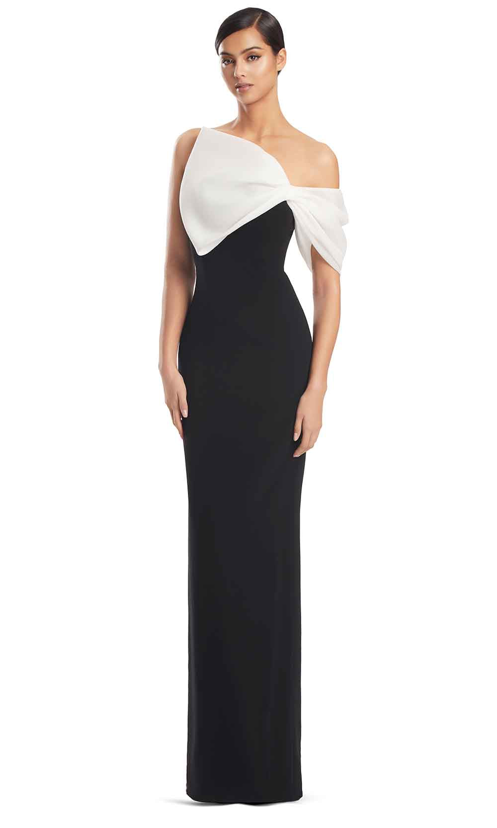 Off-Shoulder Long Satin Evening Gown by Alexander by Daymor 3248S26 in Black/White