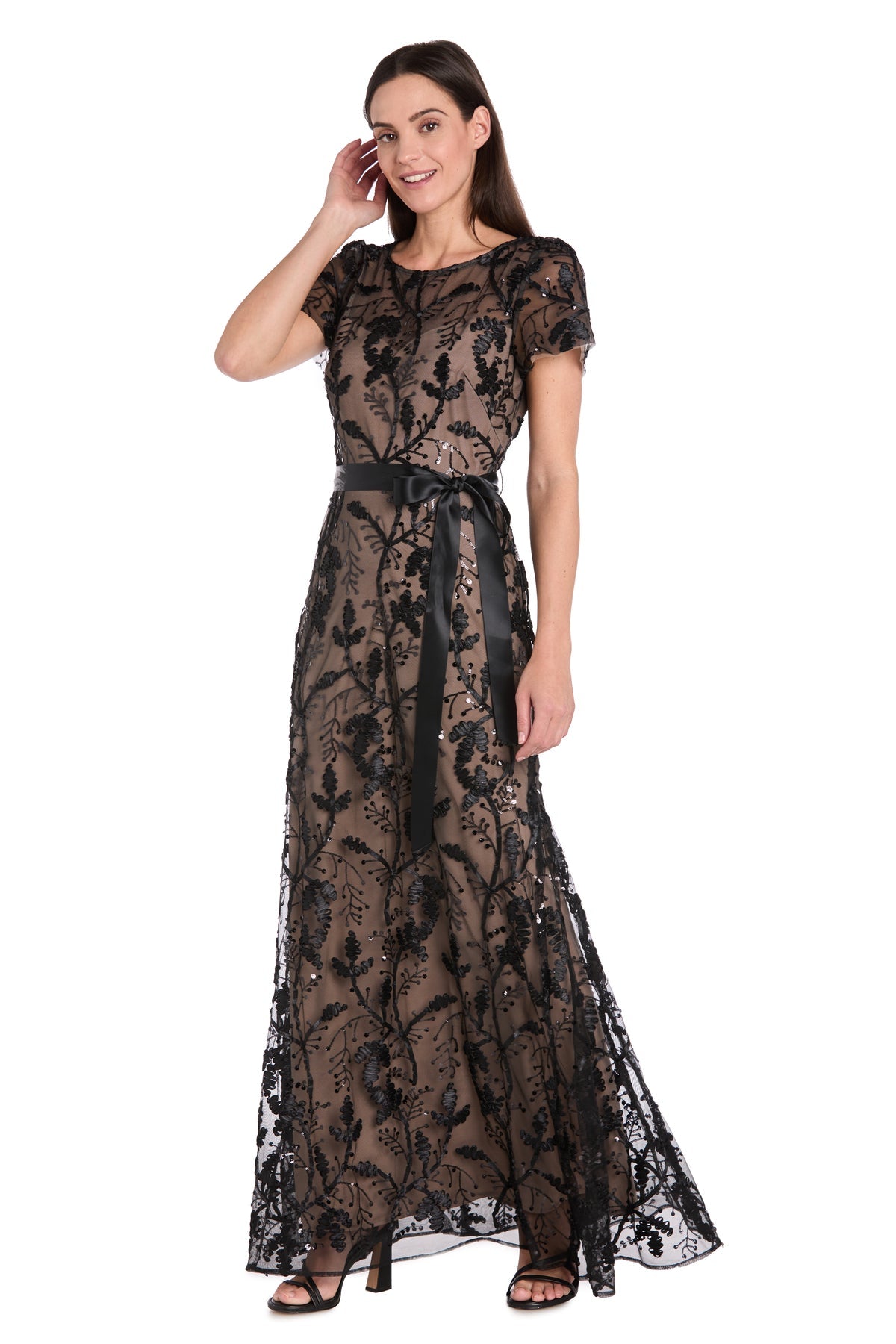 Prom Dresses Floral Formal Long Prom Dress Black/Nude