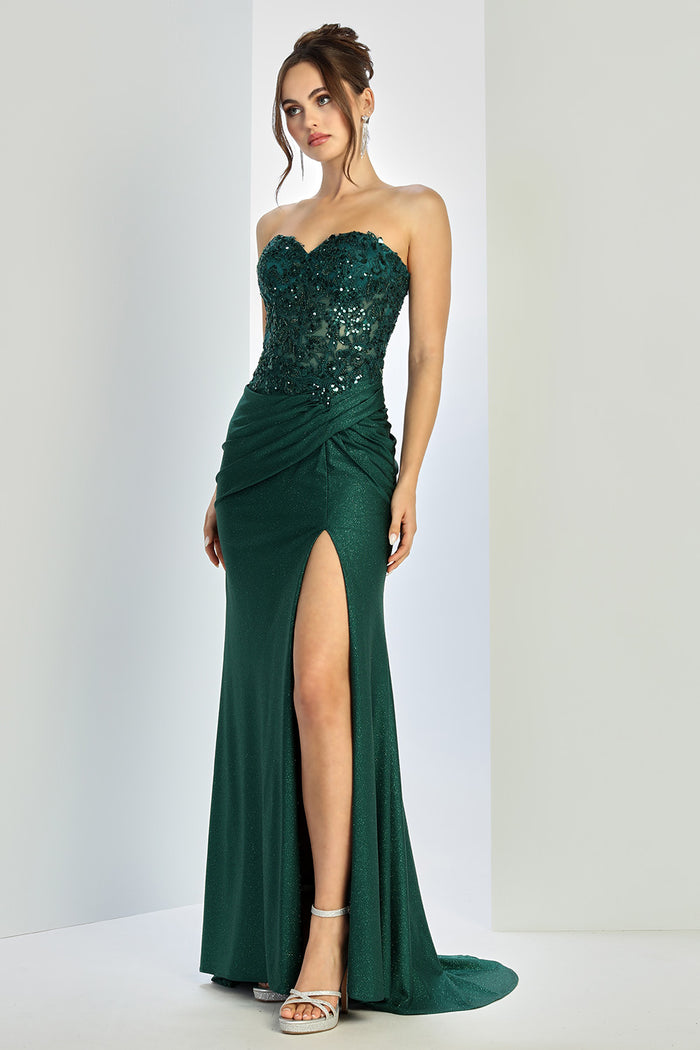 Prom Dresses Glitter Long Formal Pleated Slit Prom Dress Emerald