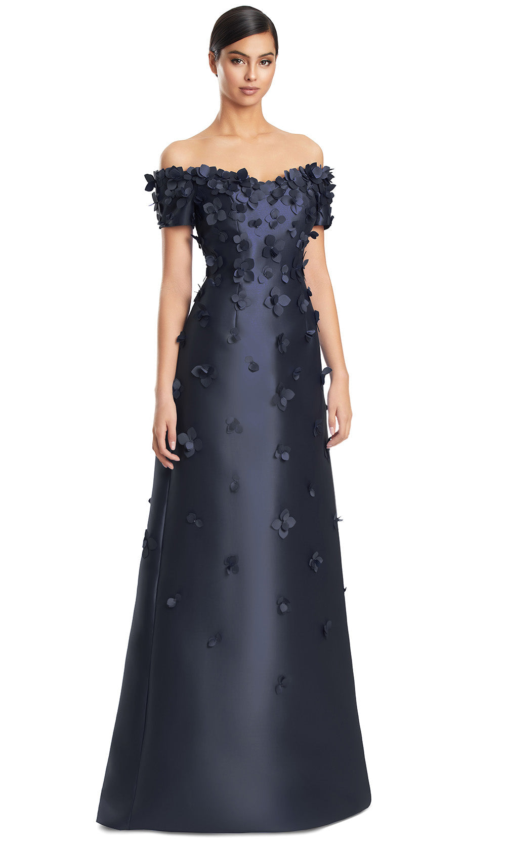 Off-Shoulder Long Satin Evening Gown by Alexander by Daymor 3259S26 in Navy