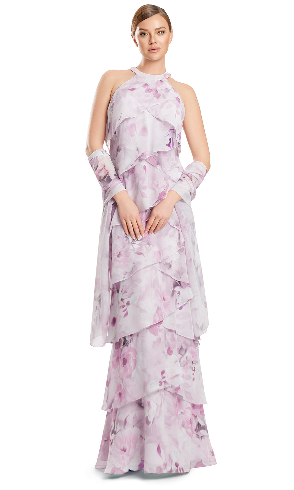 Halter Tiered Chiffon Evening Gown by Alexander by Daymor 3268S26 in Lilac/Multi