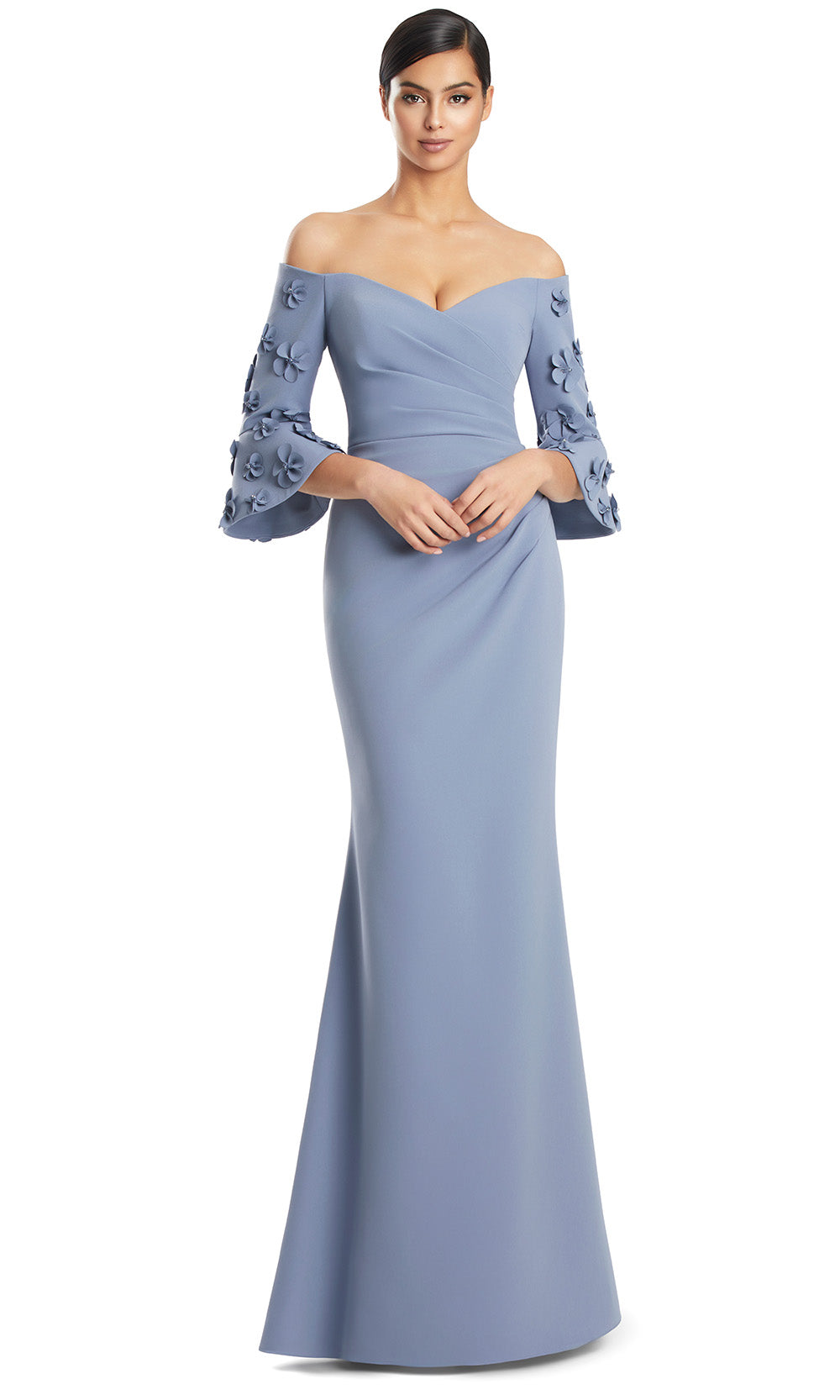 Off-Shoulder Long Stretch Crepe Evening Gown by Alexander by Daymor 3273S26 in Delphi Blue
