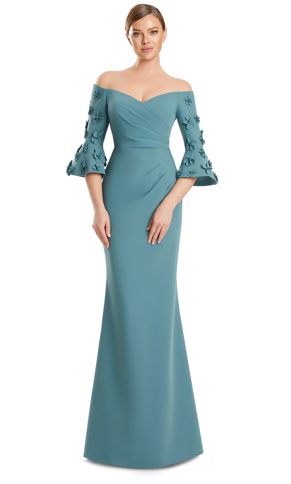 Off-Shoulder Long Stretch Crepe Evening Gown by Alexander by Daymor 3273S26 in Sage