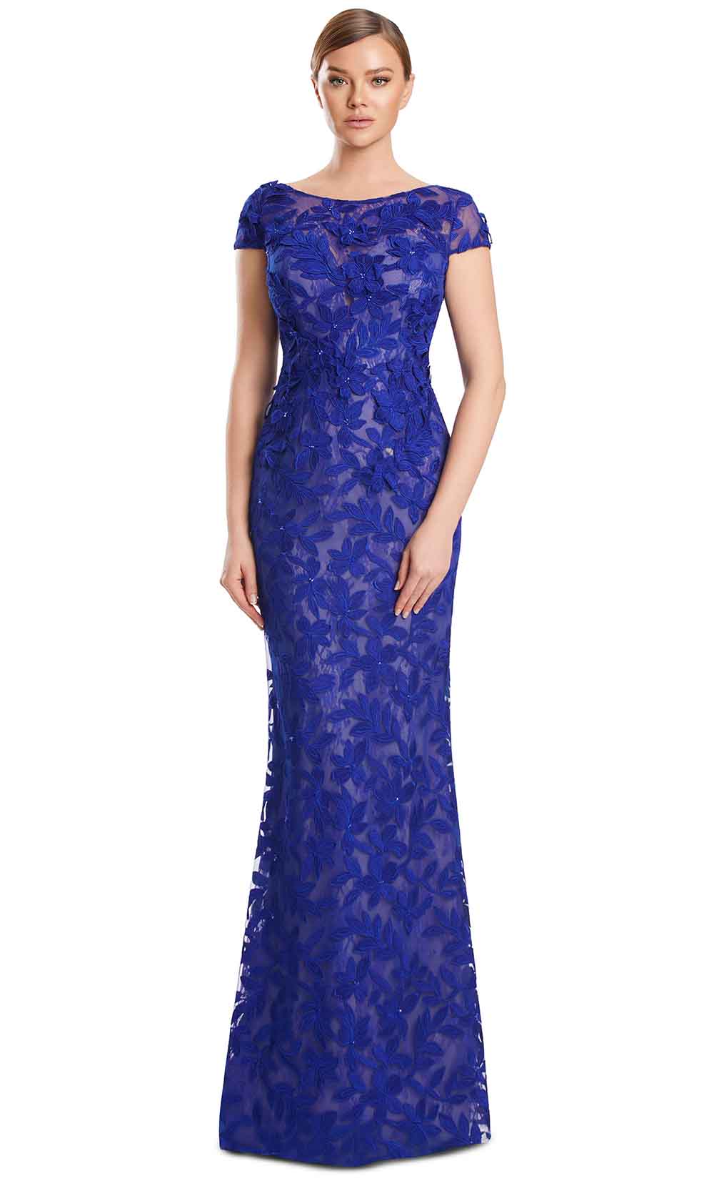 Bateau Floor-Length Embroidered Lace Gown by Alexander by Daymor 3279S26 in Sapphire
