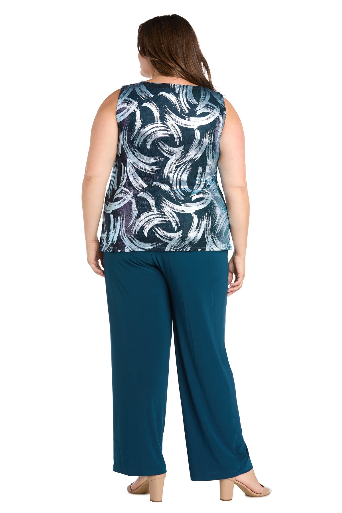 Pant Suit Plus Size Long Formal Metallic Pantsuit Peacock/Aqua
