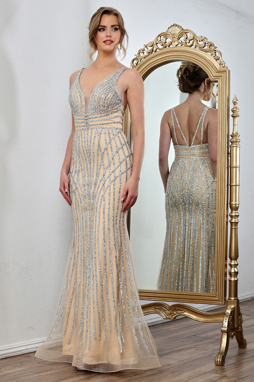 Prom Dresses Fitted Formal Long Evening Prom Dress Champagne Silver