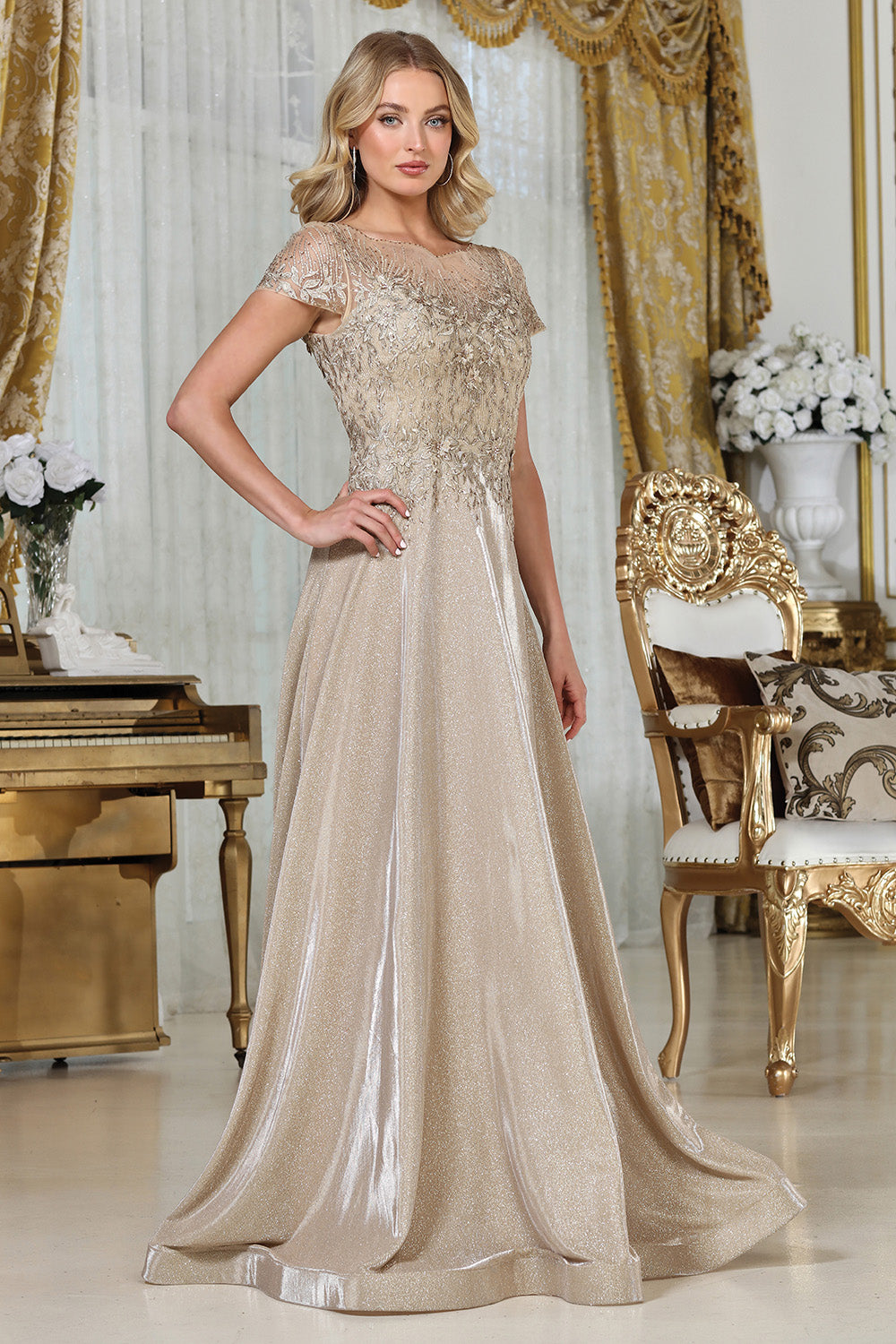 Plus Size Dresses A Line Long Formal Floral Plus Size Dress Champagne