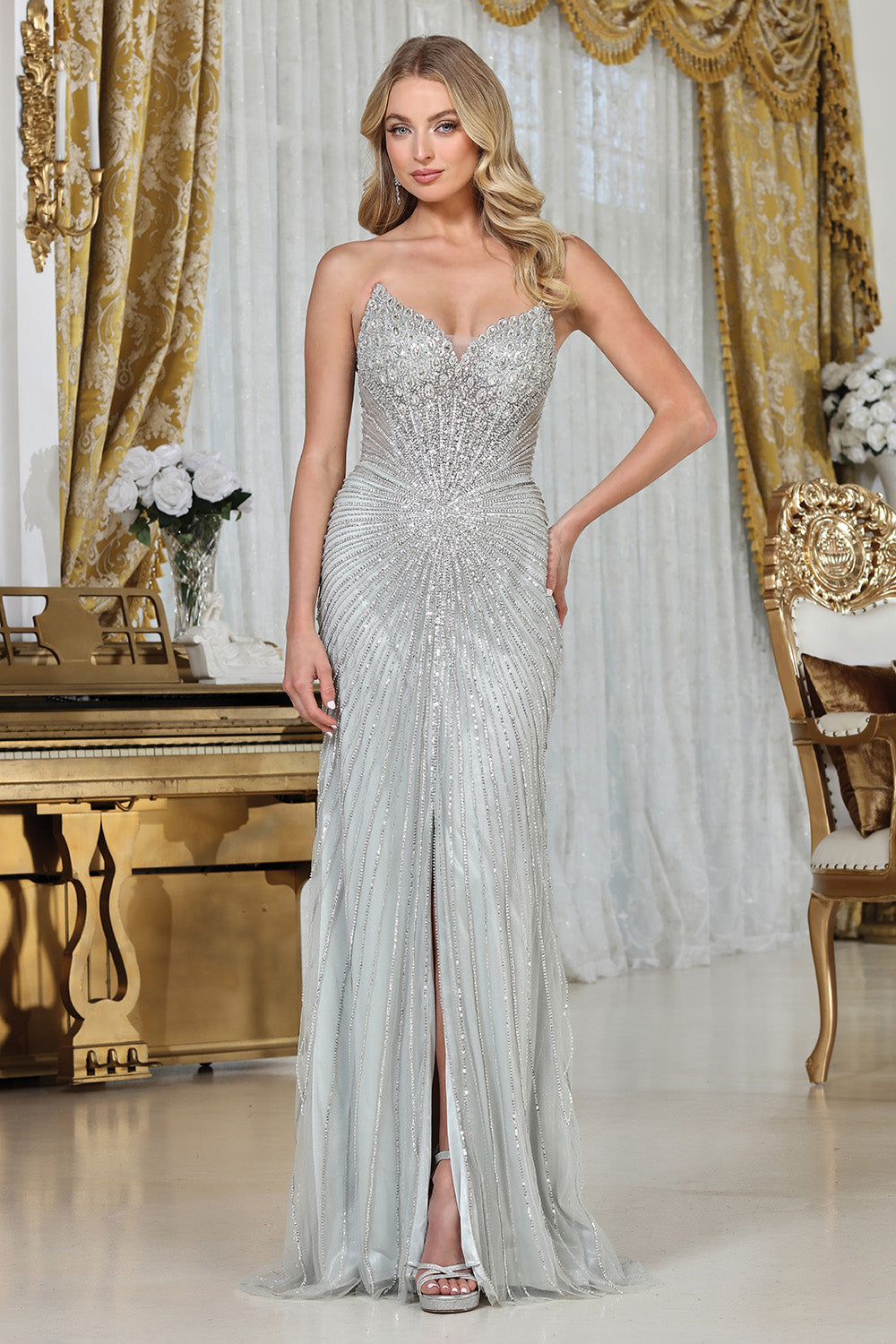 Prom Dresses Beaded Formal Corset Long Prom Dress Silver/Silver