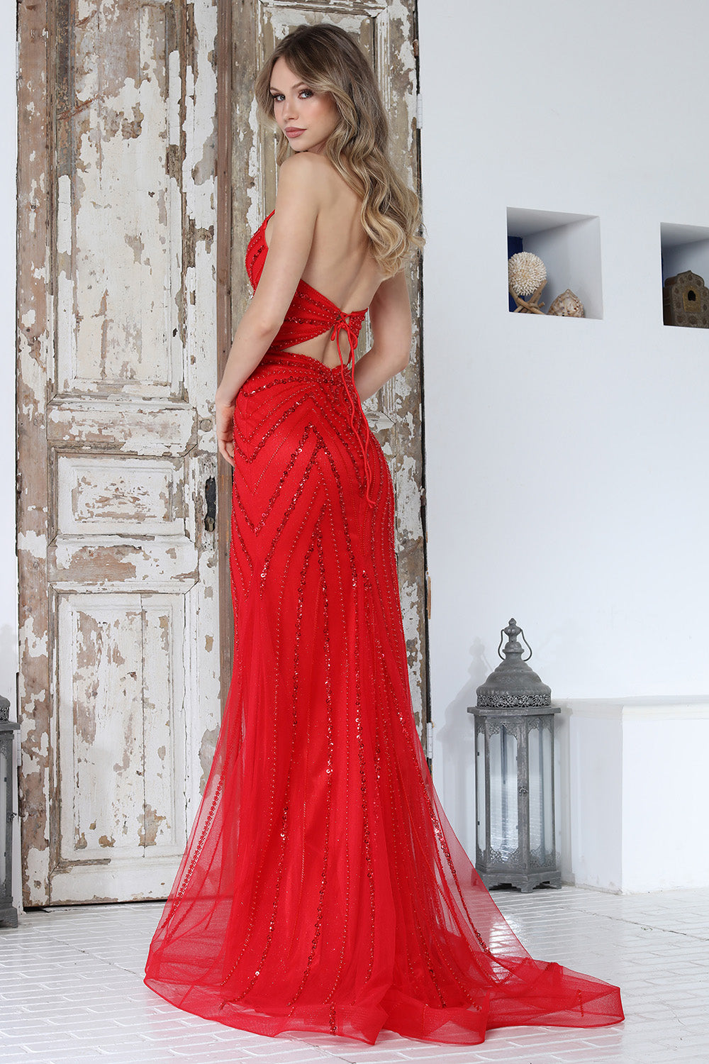 Prom Dresses Long Formal Beaded Sequin Fitted Prom Dress Adora Design 3350 Red