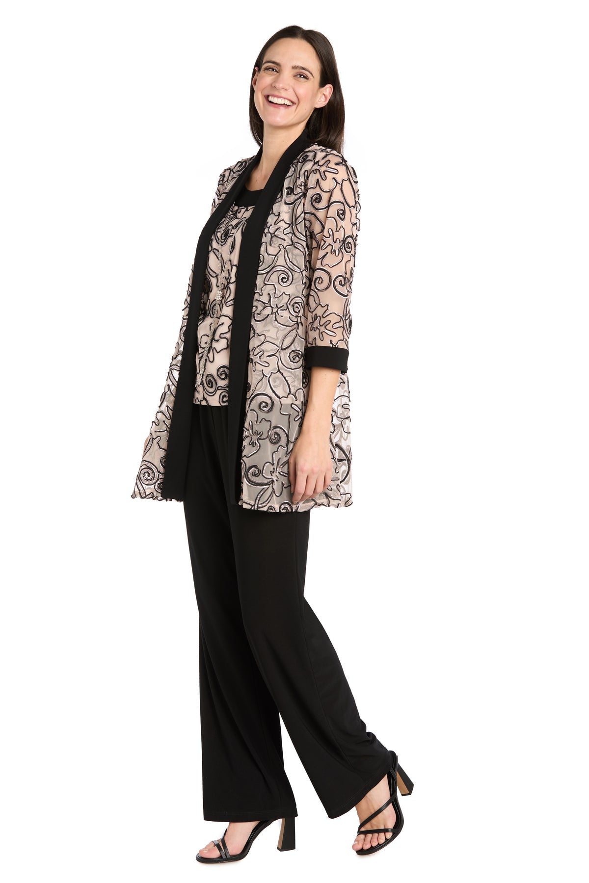Pant Suit Long Formal 3D Floral Jacket Pant Suit Black/Blush