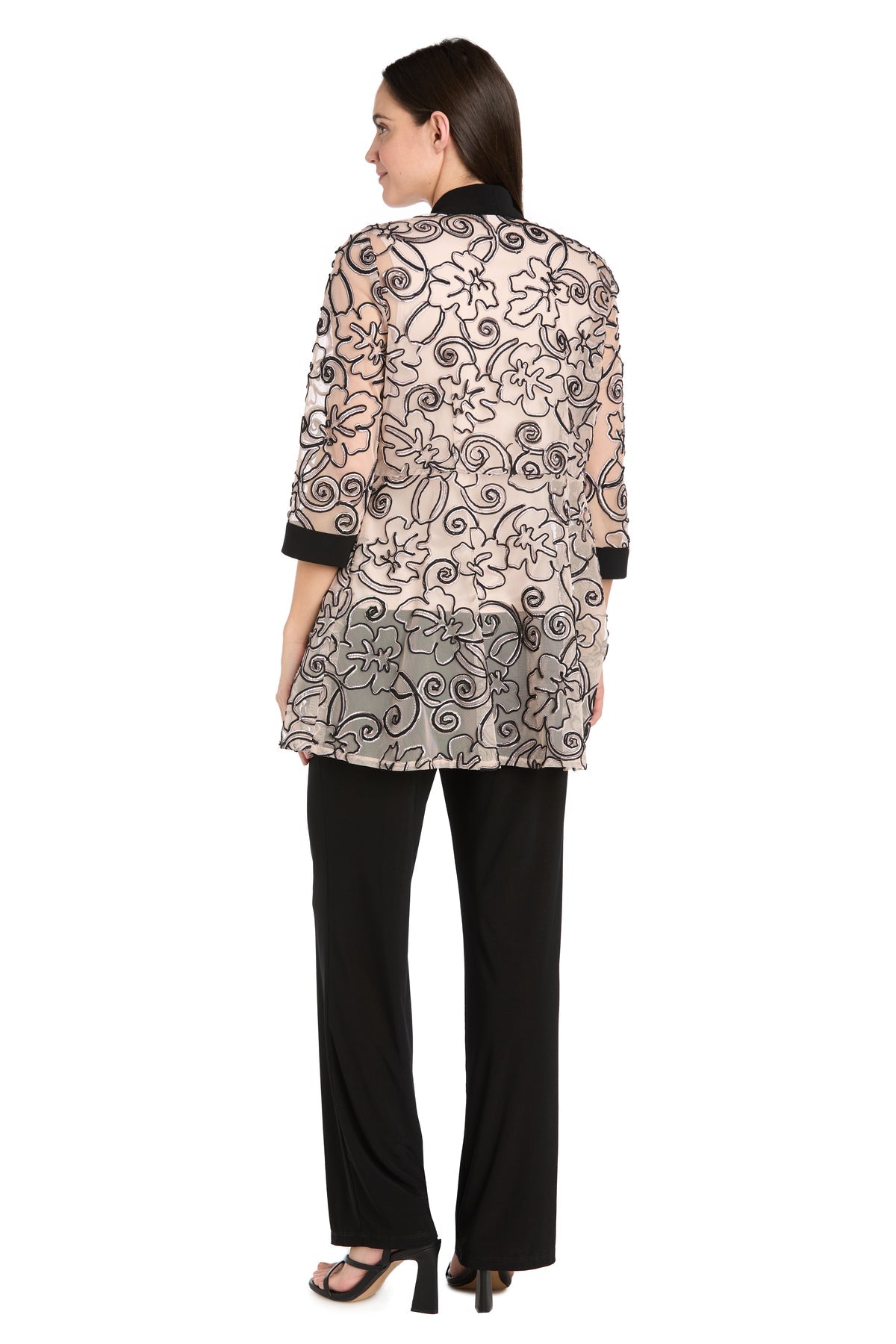 Pant Suit Long Formal 3D Floral Jacket Pant Suit Black/Blush