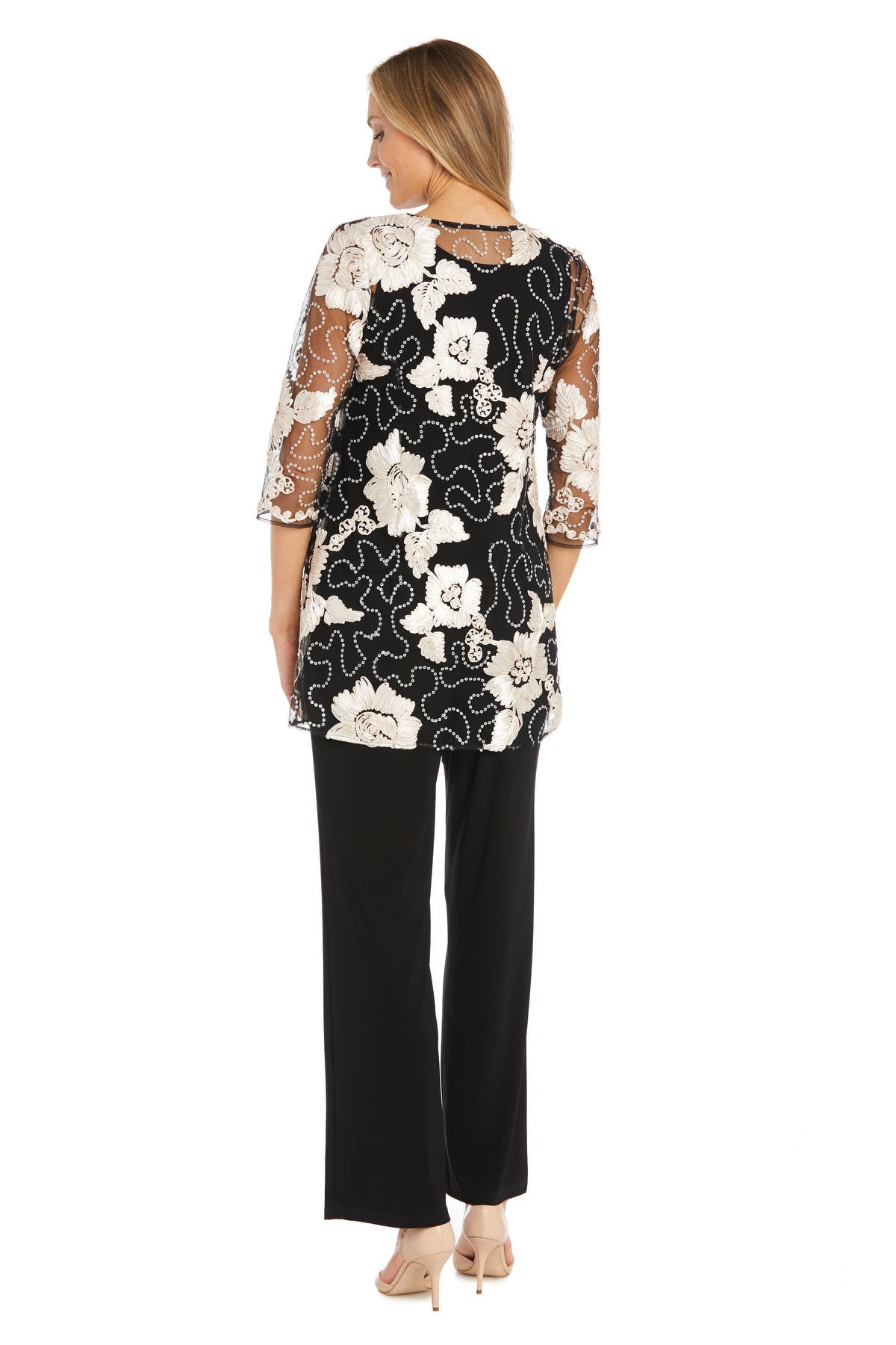 Pant Suit Formal Long Floral Jacket Pant Suit Champagne/Black