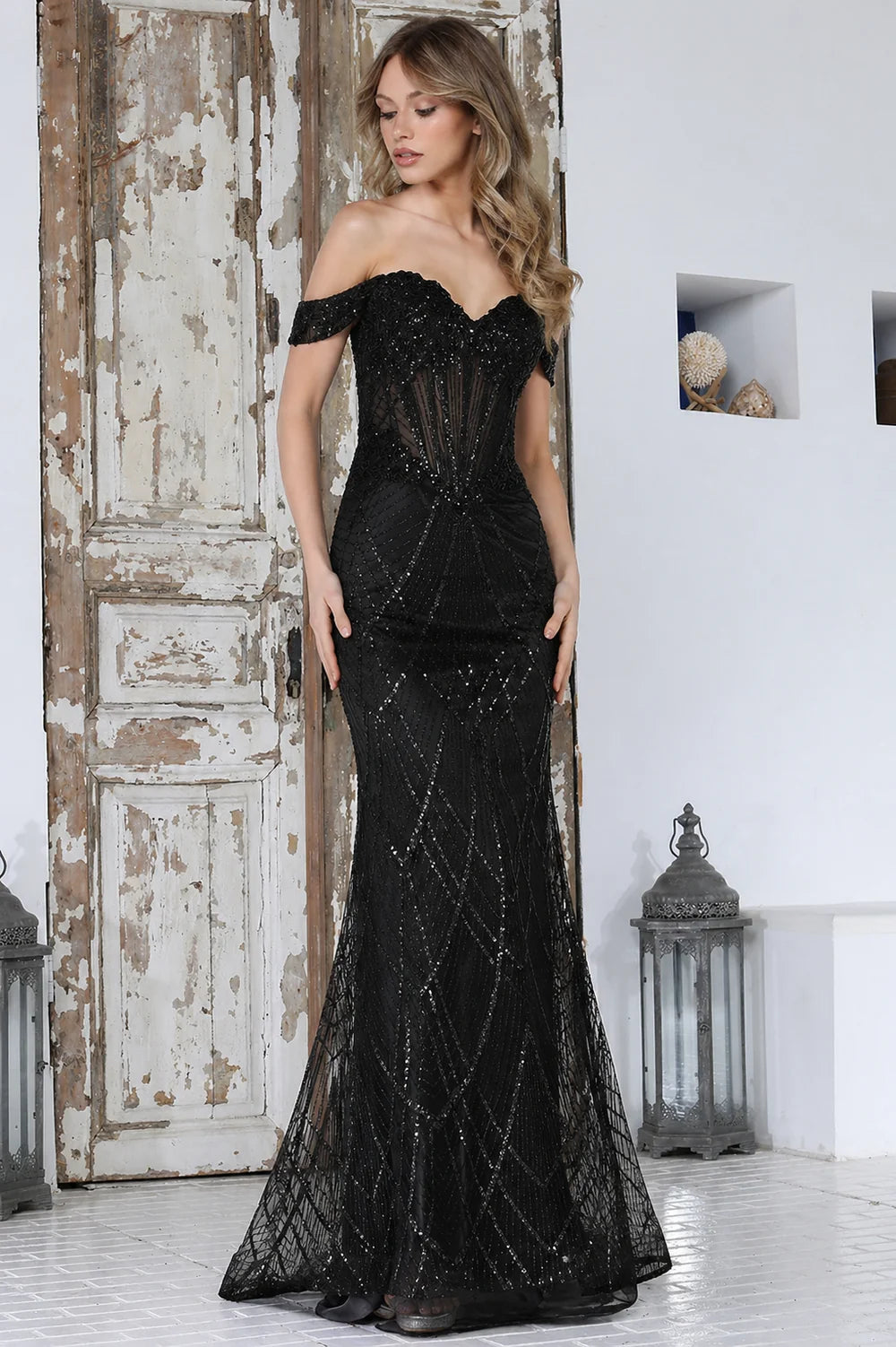 Prom Dresses Long Formal Beaded Sequin Fitted Corset Glitter Prom Dress Adora Design 3359 Black