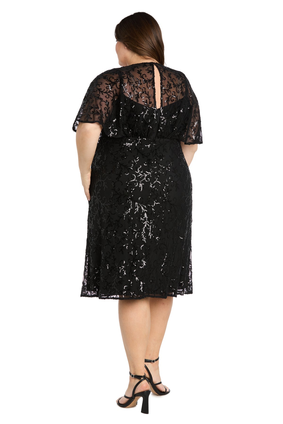 V-Neck Knee-Length Sequin Cocktail Dress by R&M Richards 3365W in Black