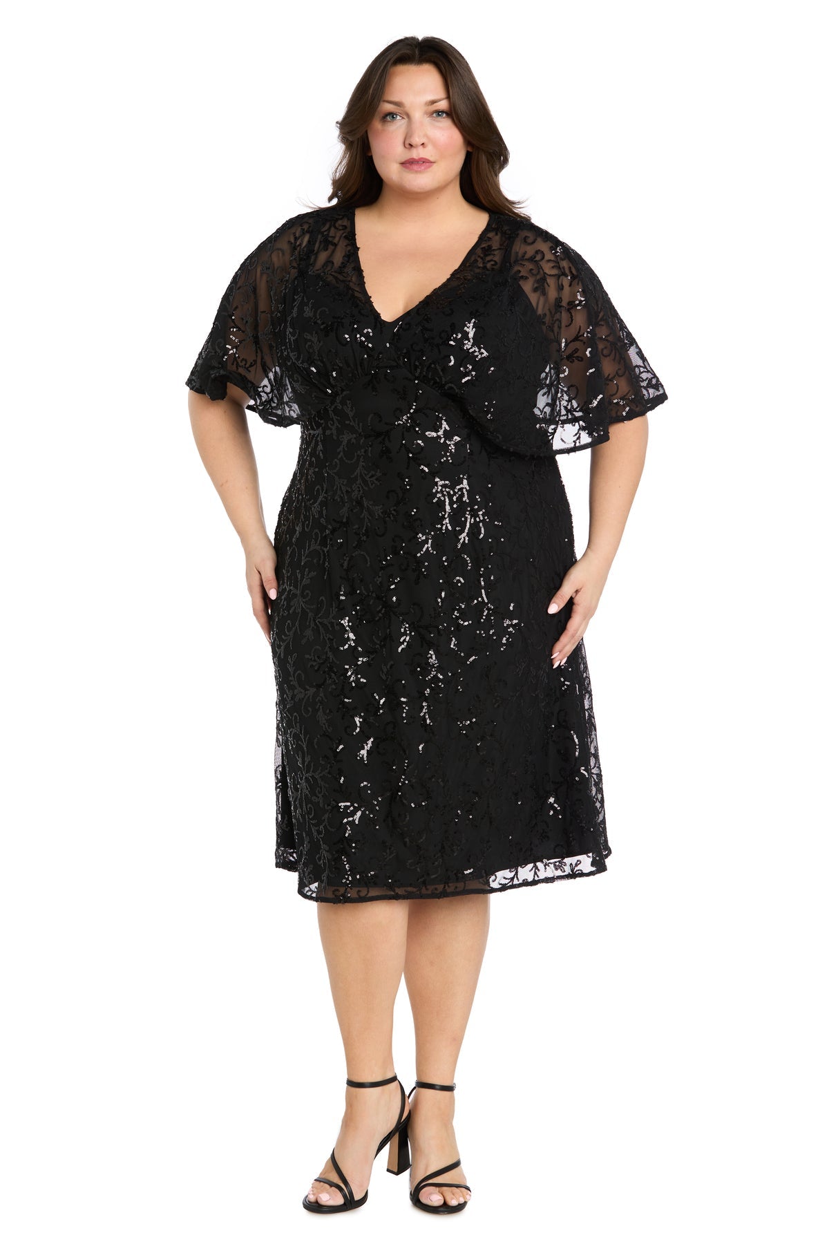 V-Neck Knee-Length Sequin Cocktail Dress by R&M Richards 3365W in Black