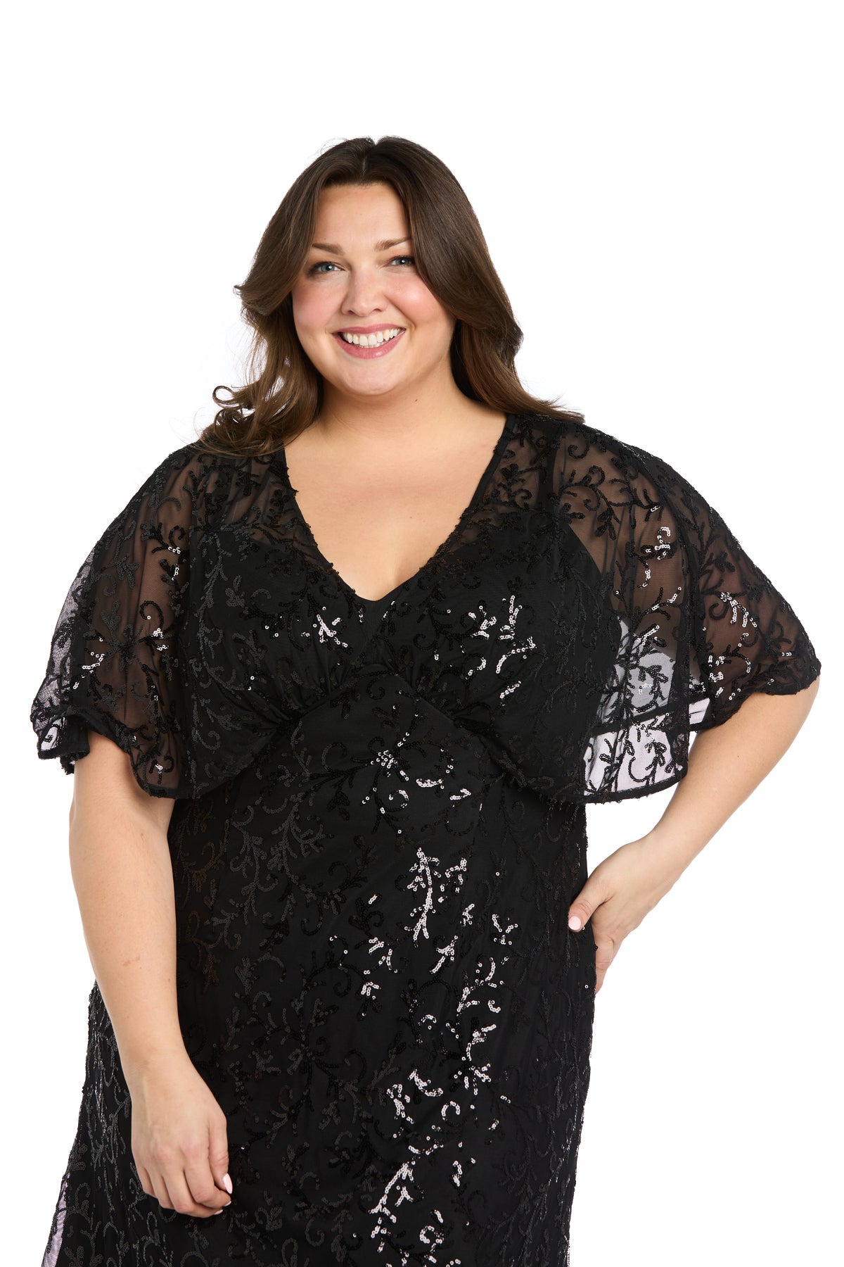 V-Neck Knee-Length Sequin Cocktail Dress by R&M Richards 3365W in Black