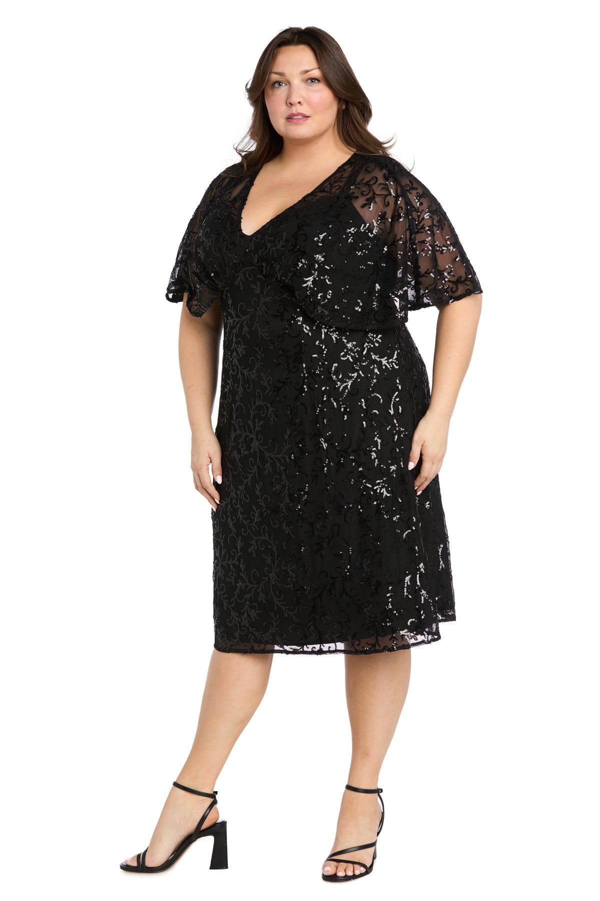 V-Neck Knee-Length Sequin Cocktail Dress by R&M Richards 3365W in Black