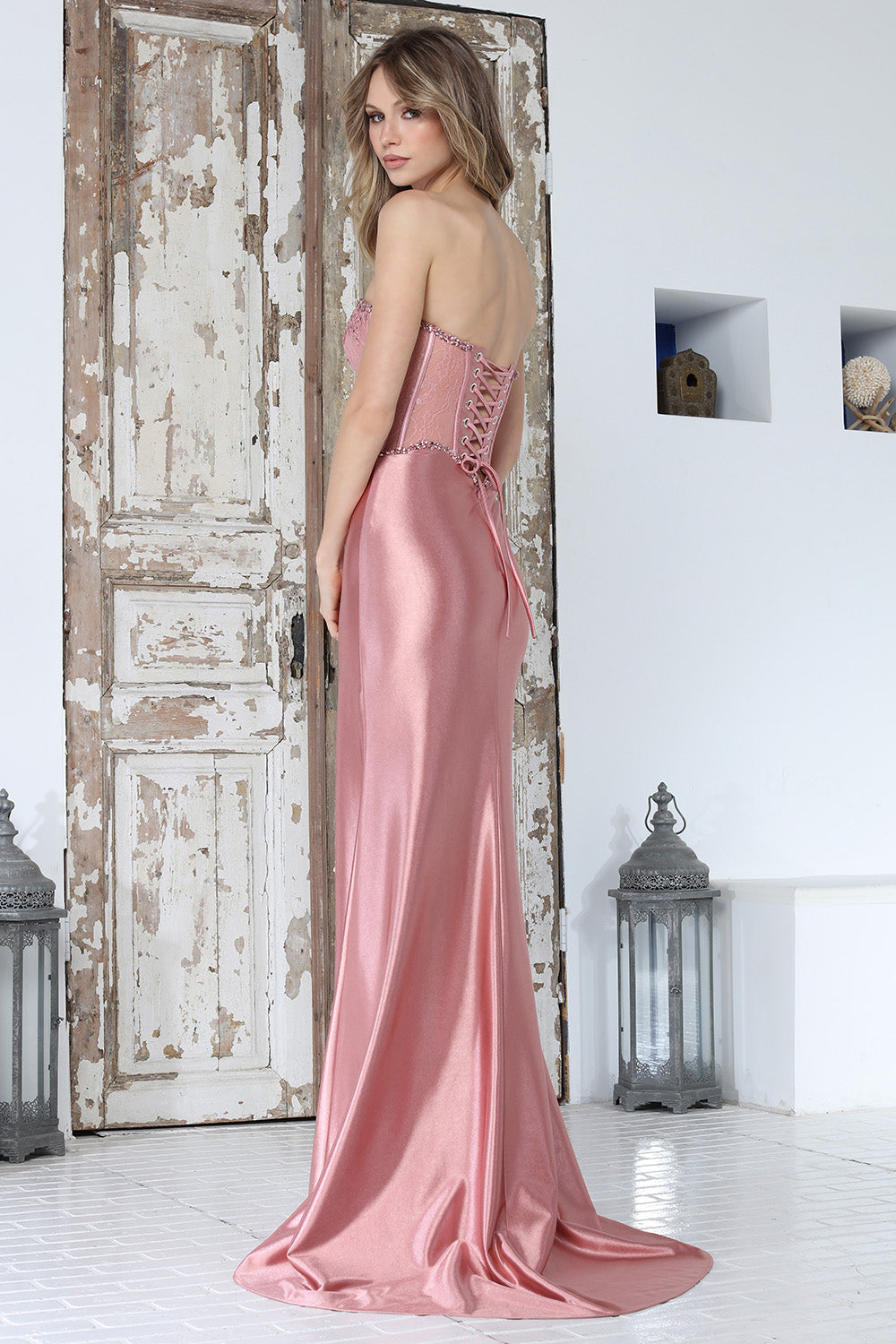 Prom Dresses Long Formal Fitted Corset Lace Applique Beaded Prom Dress Adora Design 3375 Rose
