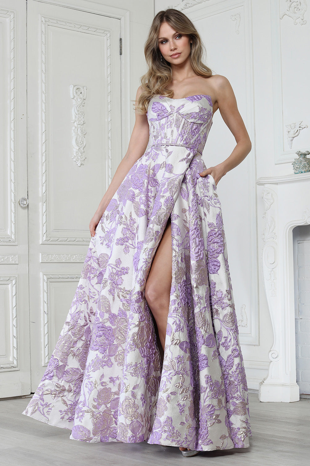 Prom Dresses Floral Print Long Formal Ball Gown Corset Prom Dress Adora Design 3397 Lavender Multi