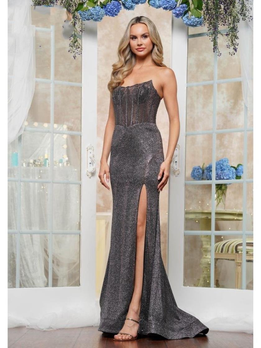 Prom Dresses Fully Long Fitted Beaded Formal Prom Dress Gunmetal