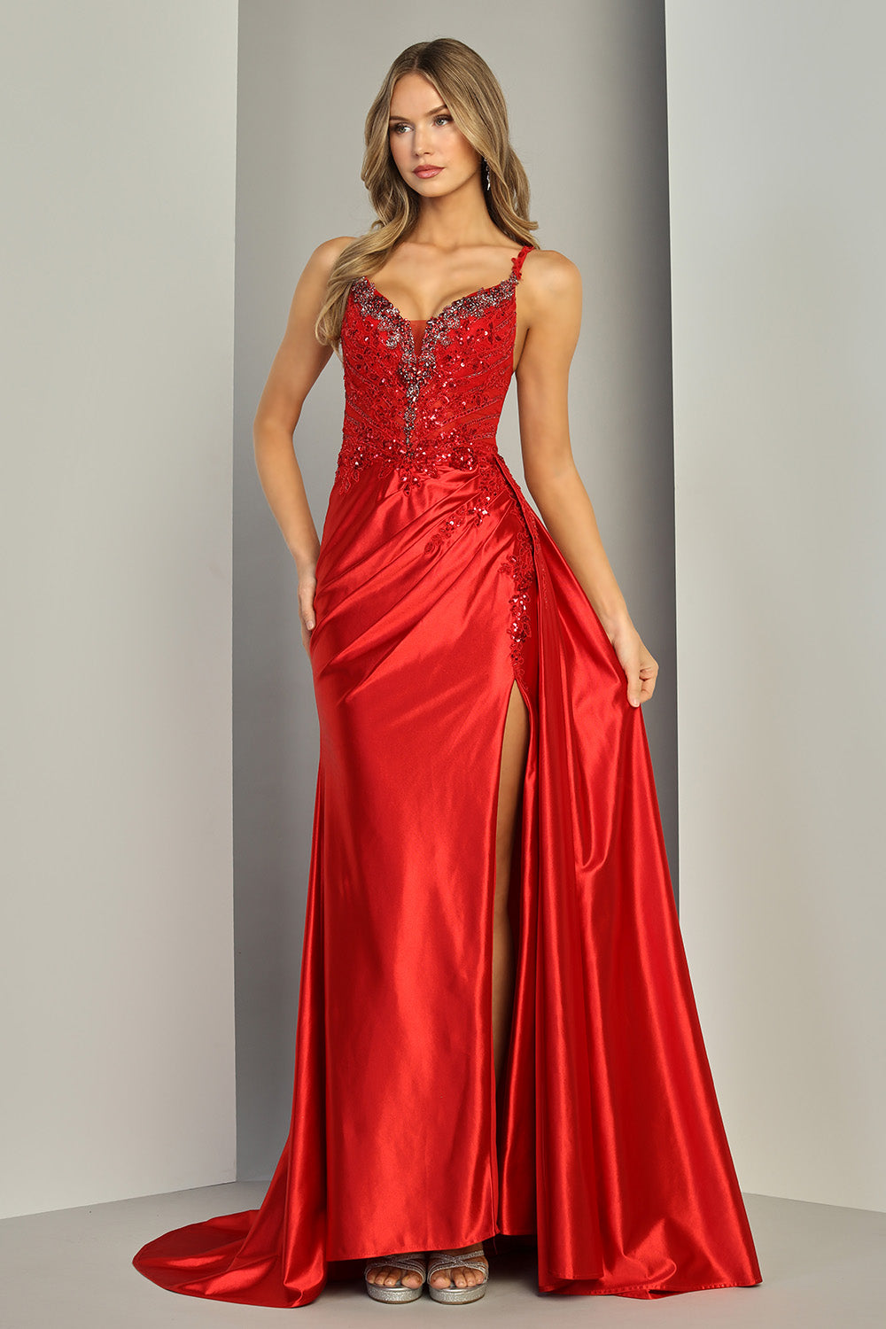 V-Neck Floor-Length Satin Formal Sheath/Column Adora Design 3409