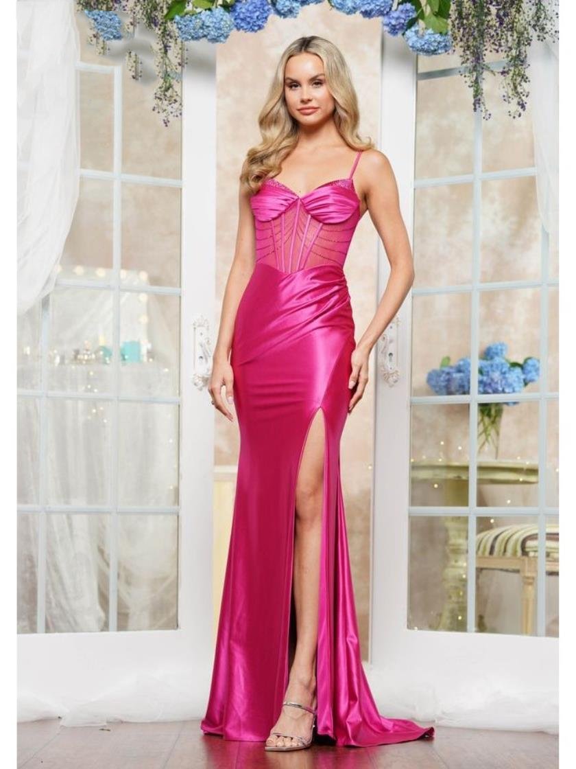 Prom Dresses Formal Long Slit Fitted Metallic Prom Dress Fuchsia