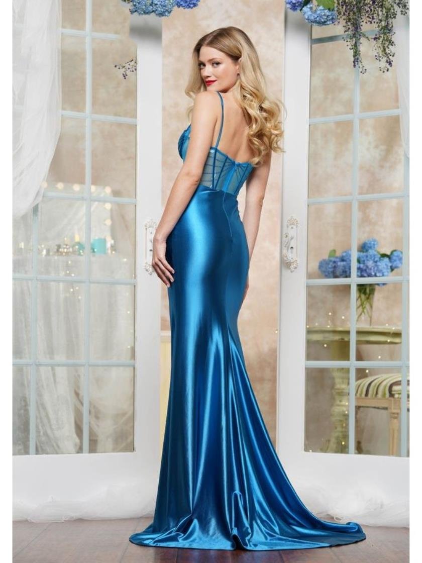 Prom Dresses Formal Long Slit Fitted Metallic Prom Dress Teal