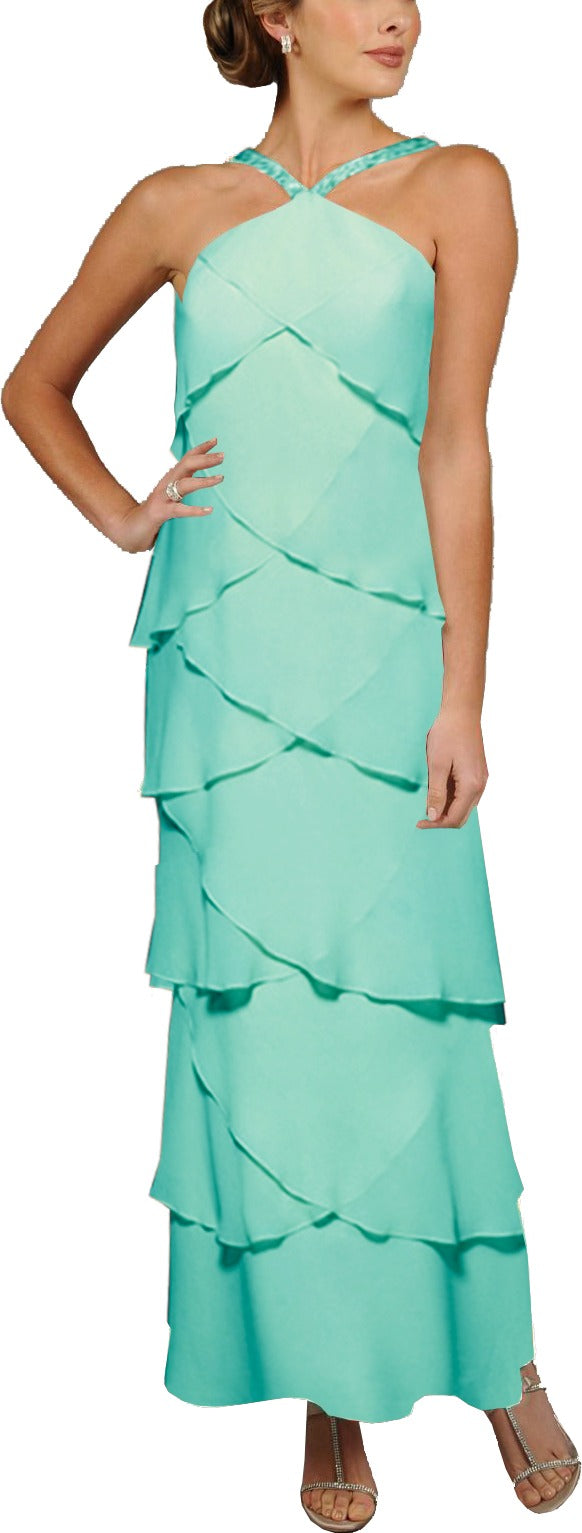 Alexander by Daymor 34512 Beaded Halter Tiered Plus Size Gown with Shawl