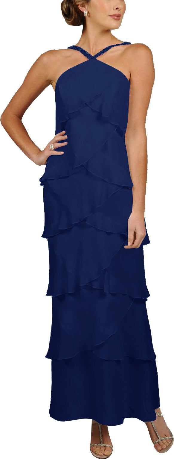 Alexander by Daymor 34512 Beaded Halter Tiered Plus Size Gown with Shawl