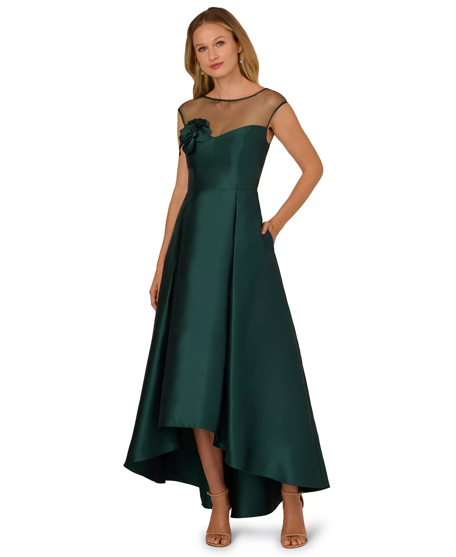 Adrianna Papell AP1E212956 Illusion High-Low Cocktail Floral Applique