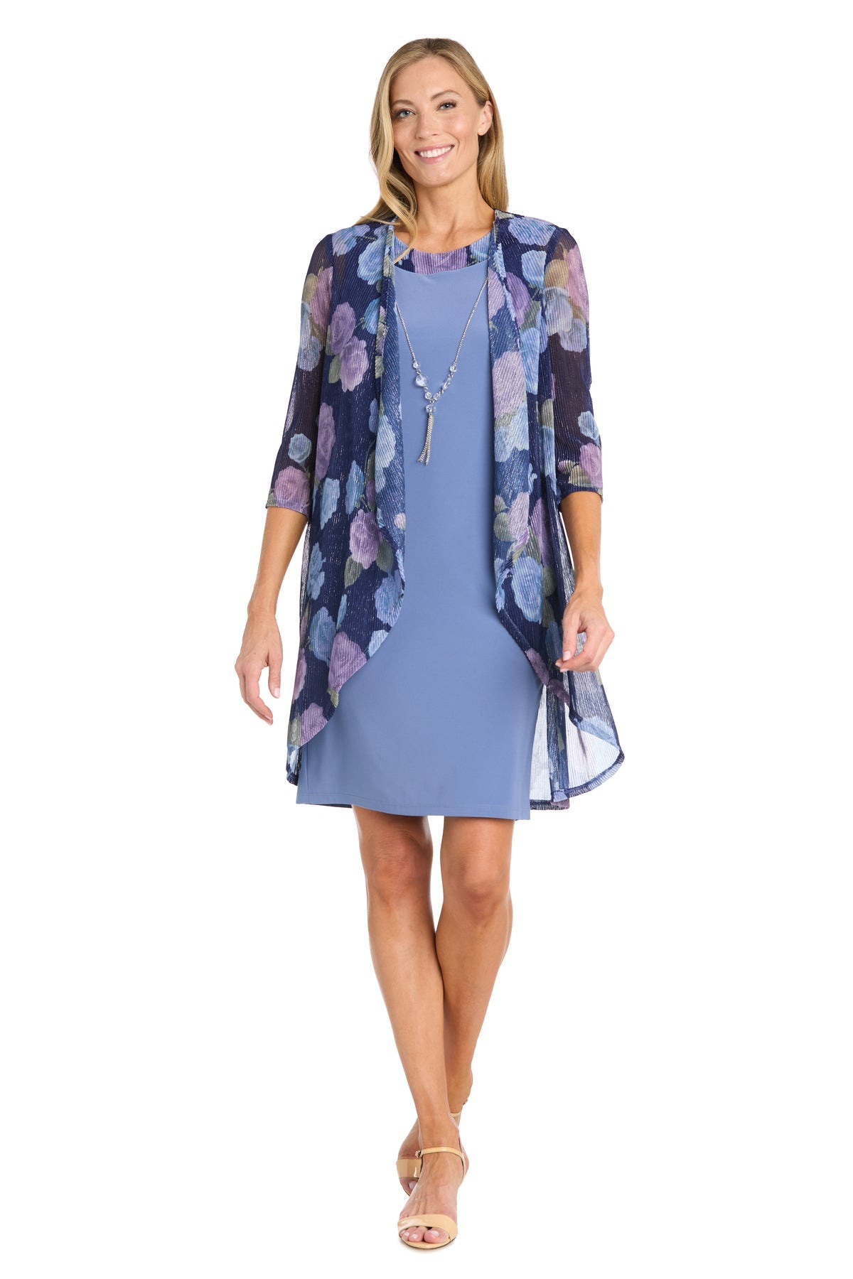 Round Neck Short Chiffon Cocktail Dress by R&M Richards 3457 in Cadet/Pearl