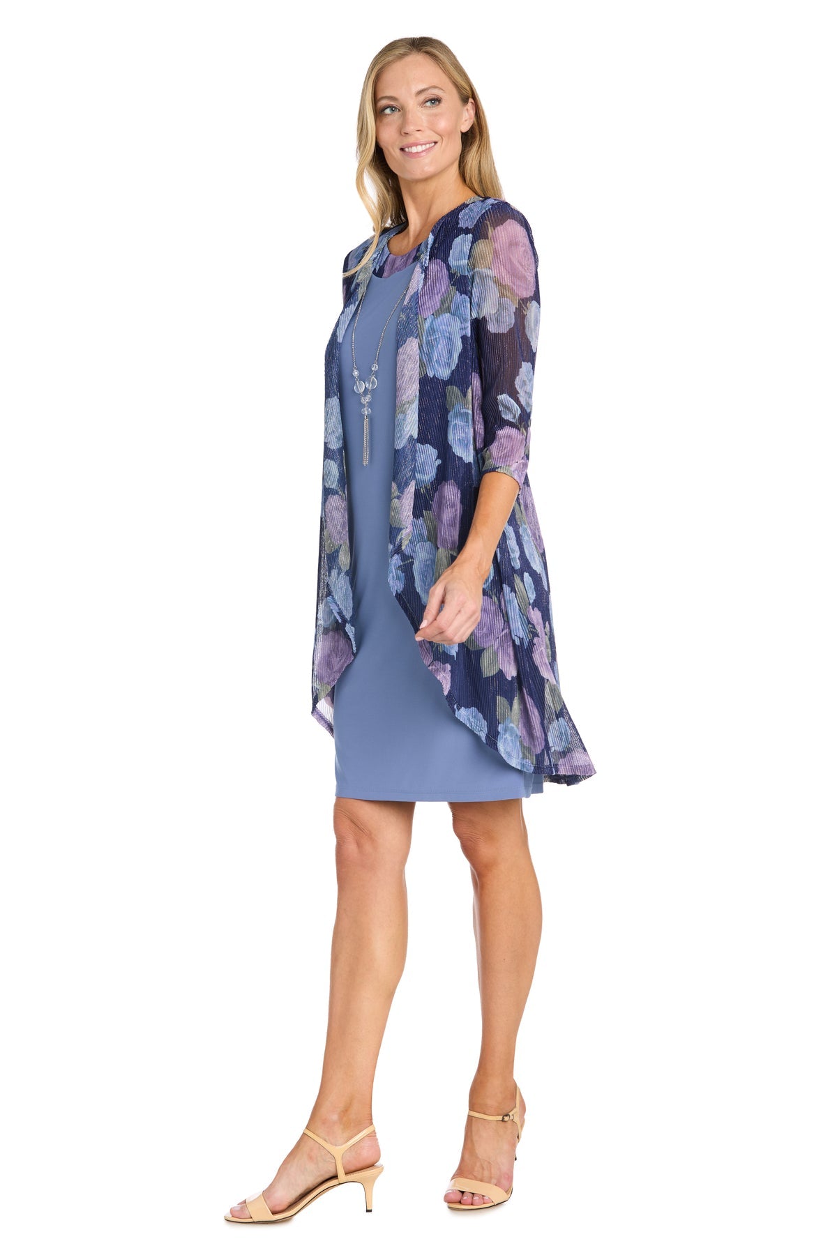 Round Neck Short Chiffon Cocktail Dress by R&M Richards 3457 in Cadet/Pearl