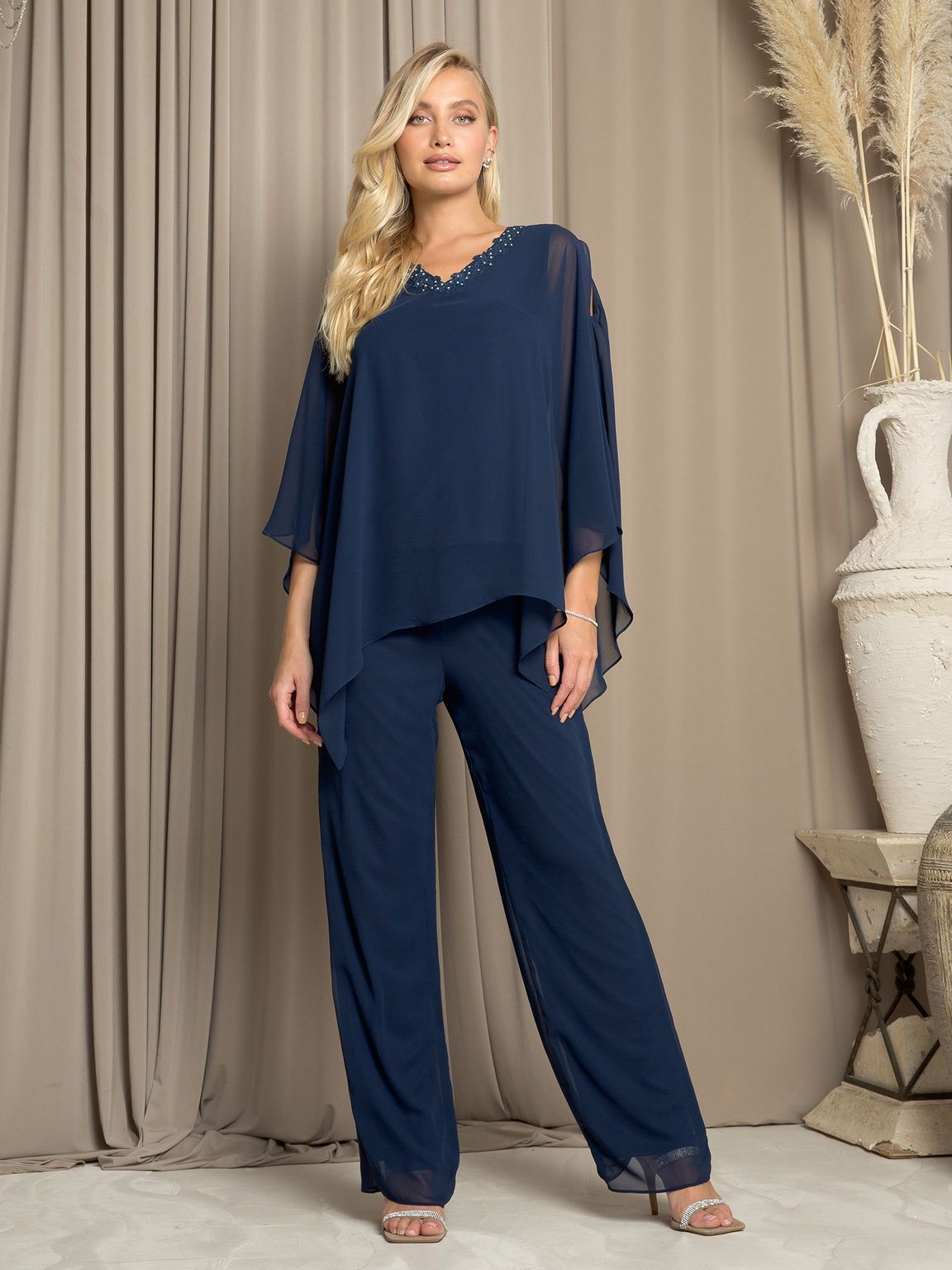 Pant Suit Long Formal Chiffon Pant Suit Navy