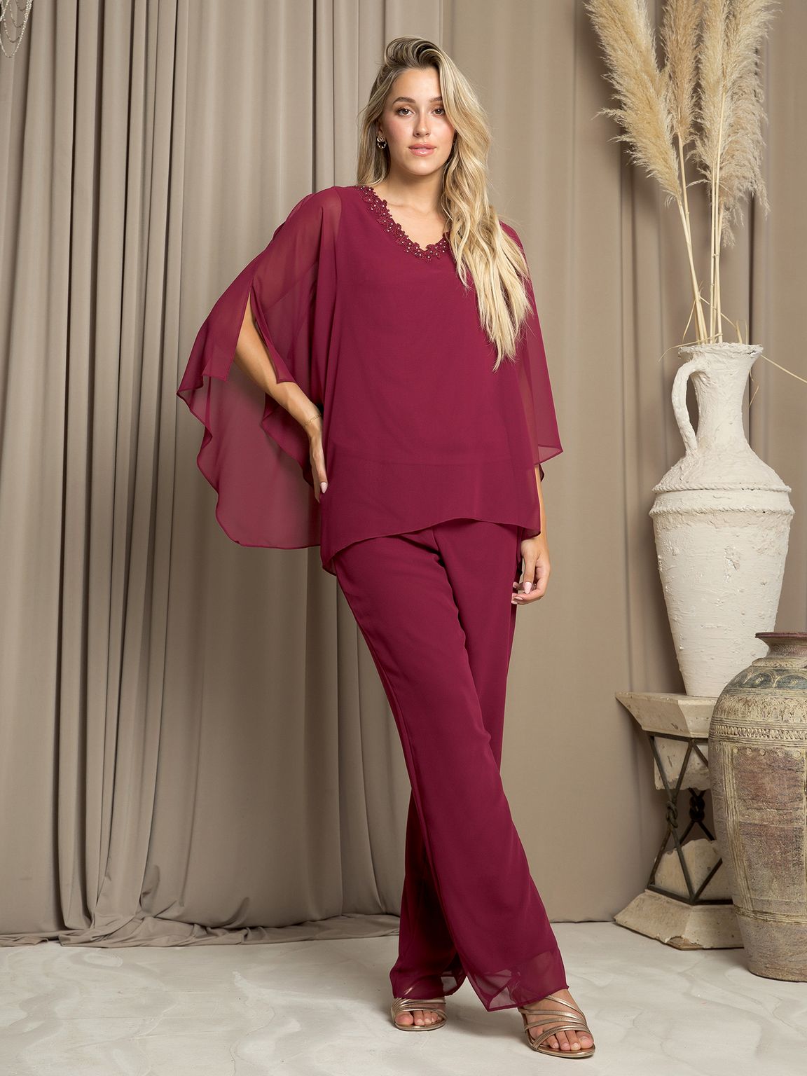 Pant Suit Long Formal Chiffon Pant Suit Burgundy